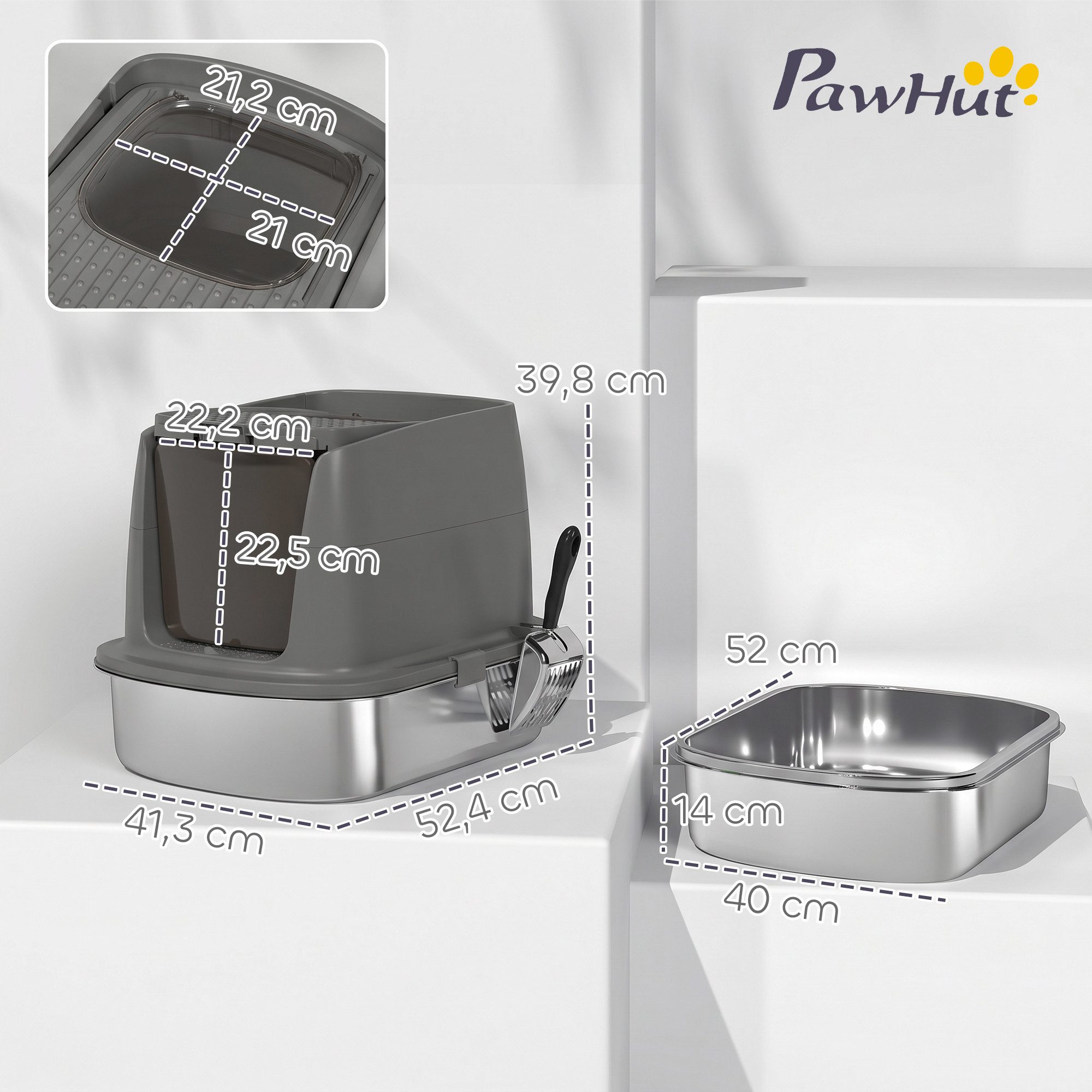 PawHut Katzentoilette mit Deckel, Schaufel Tablett, LxBxH: 52.4x41.3x39.8 cm, Edelstahl, geruchsabweisend