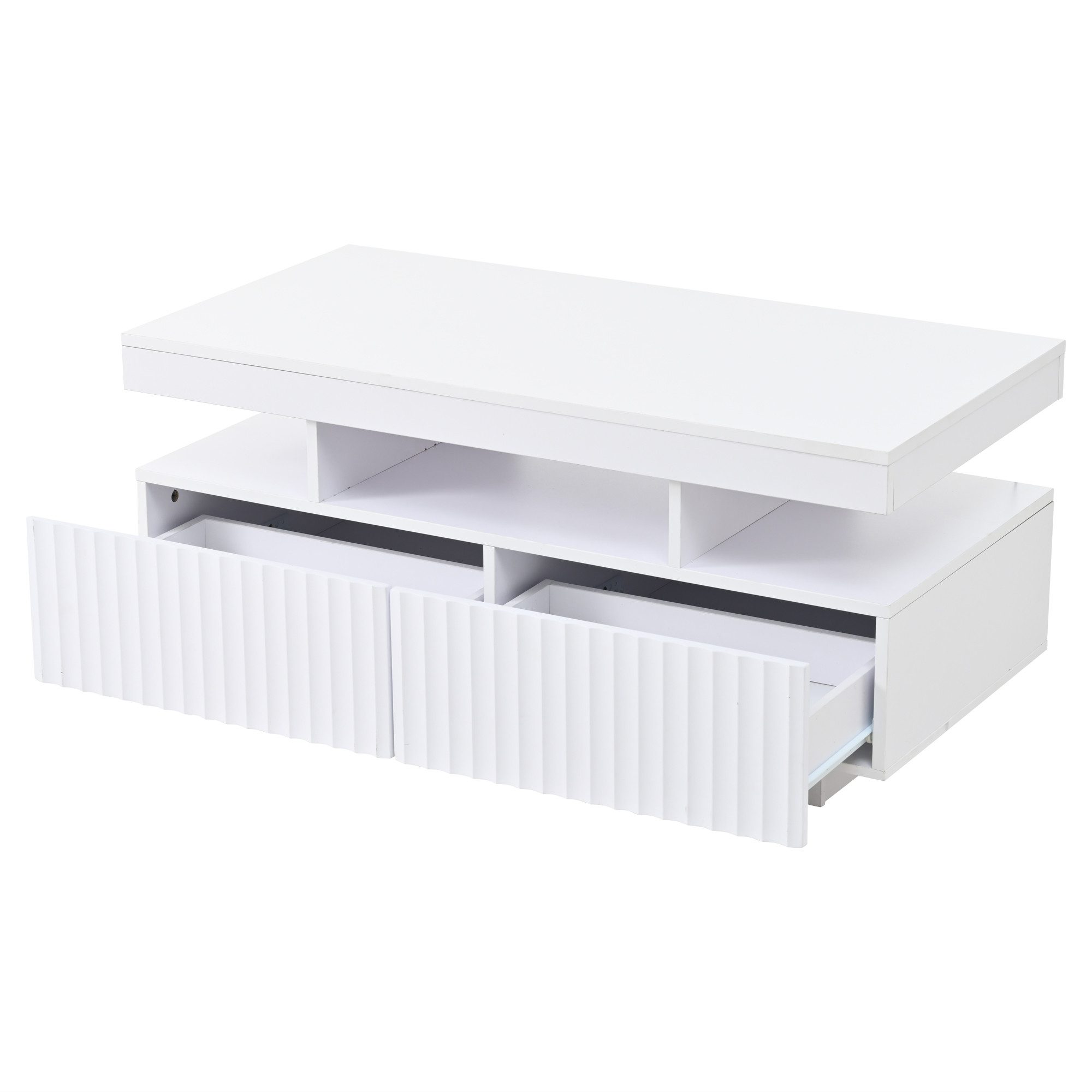 Merax Couchtisch Sofatisch Beistelltisch mit LED-Lichtleiste (Stauraumfunktion und robuster Spanplattenkonstruktion, 1-St., 100×50×45 cm), Wohnzimmertisch mit 2 Vakuumform-Schubladen und offenem Mittelteil