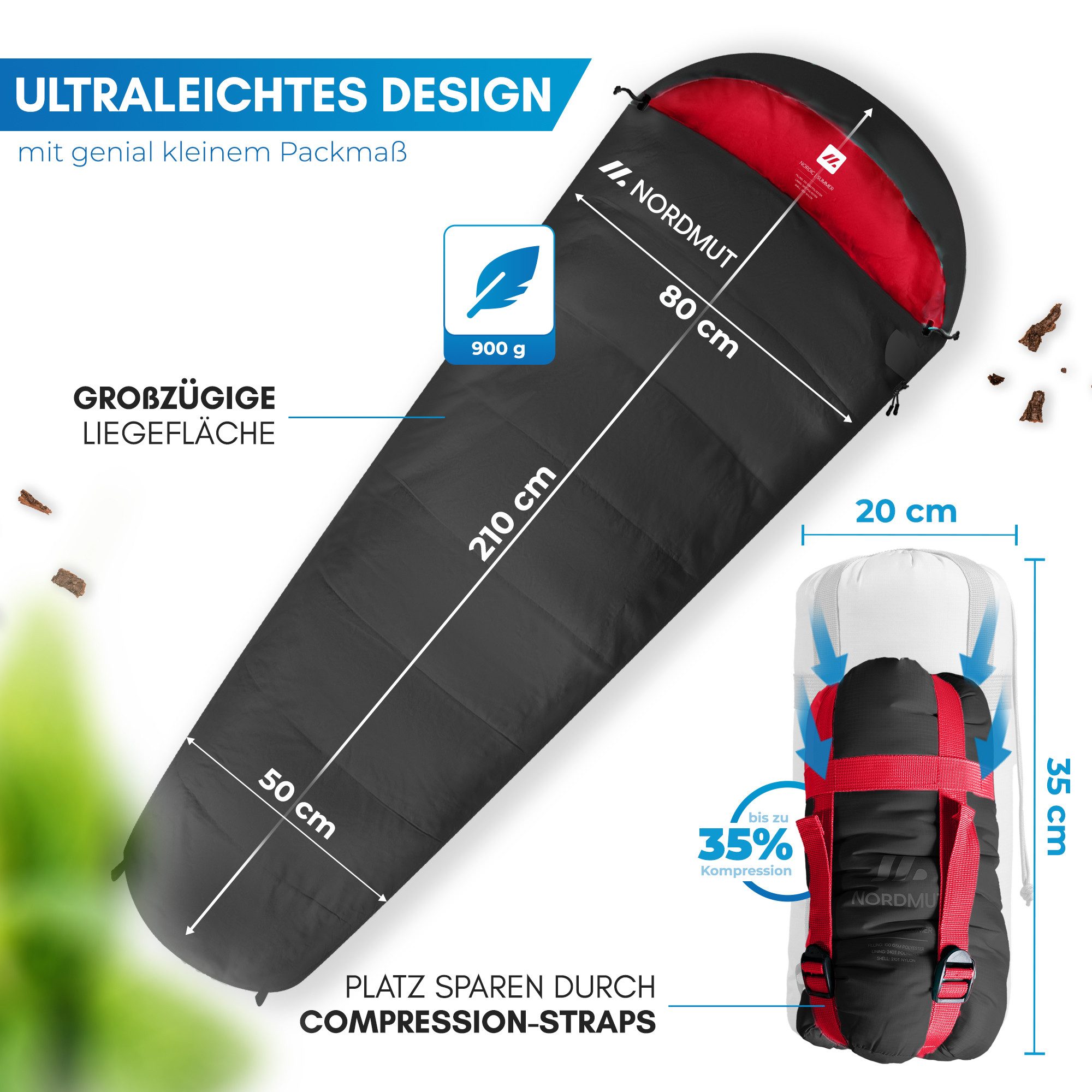 Nordmut Mumienschlafsack Sommerschlafsack Ultraleicht mit kleinem Packmaß [900g] – Bild 5 von 5