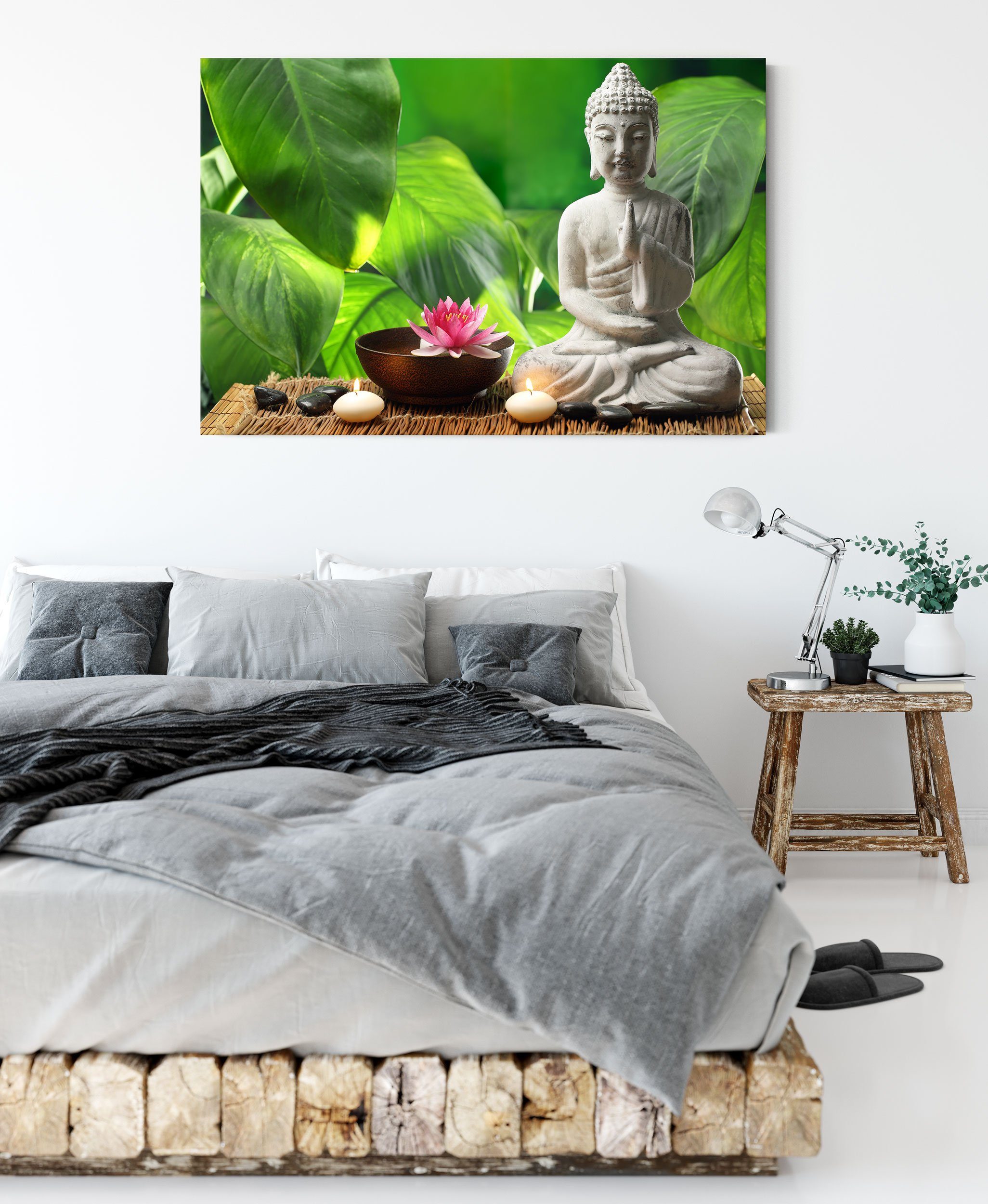 Statue Buddha (1 Leinwandbild Statue, Buddha Zackenaufhänger bespannt, St), inkl. Leinwandbild Seerose Seerose fertig Pixxprint