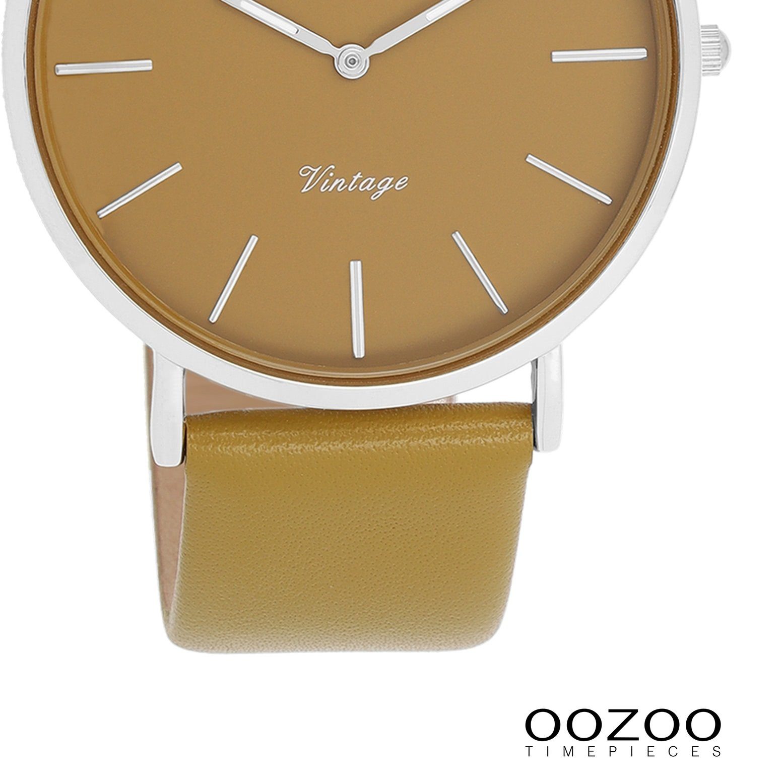 OOZOO Quarzuhr Oozoo Damen Armbanduhr Vintage Analog, (Analoguhr), Damenuhr rund, groß (ca. 40mm), Lederarmband olivgrün, Fashion