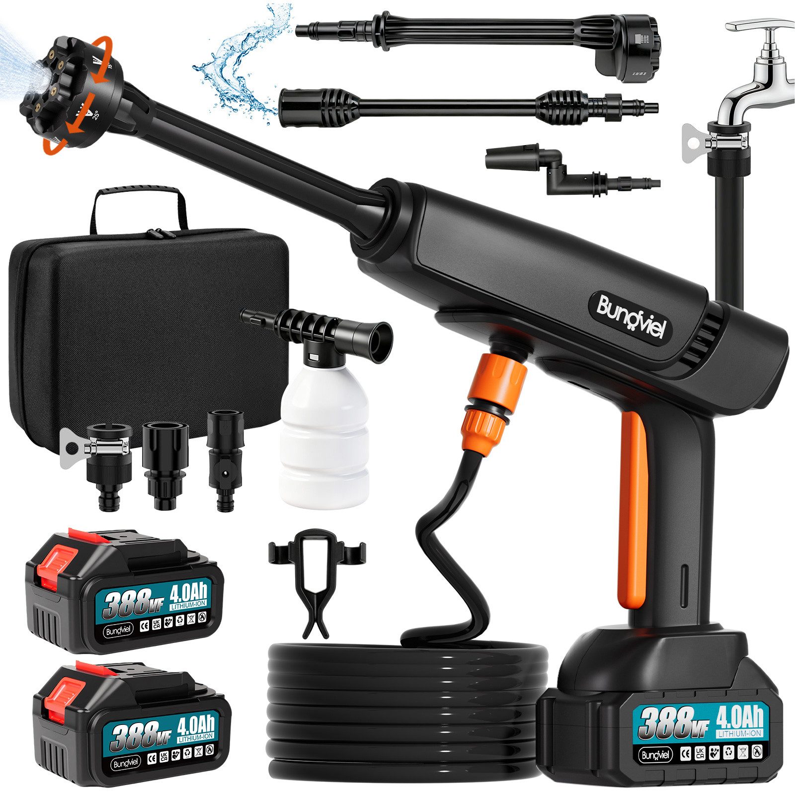 Bundviel Akku-Hochdruckreiniger Bürstenlose Tragbarer Hochdruckreiniger 276l/h 180Bar 6IN1 Sprühdüse, Druck max: 180 bar, 300 W, Fördermenge max: 276 l/h, Für Auto & Reinigung & Bewässerung