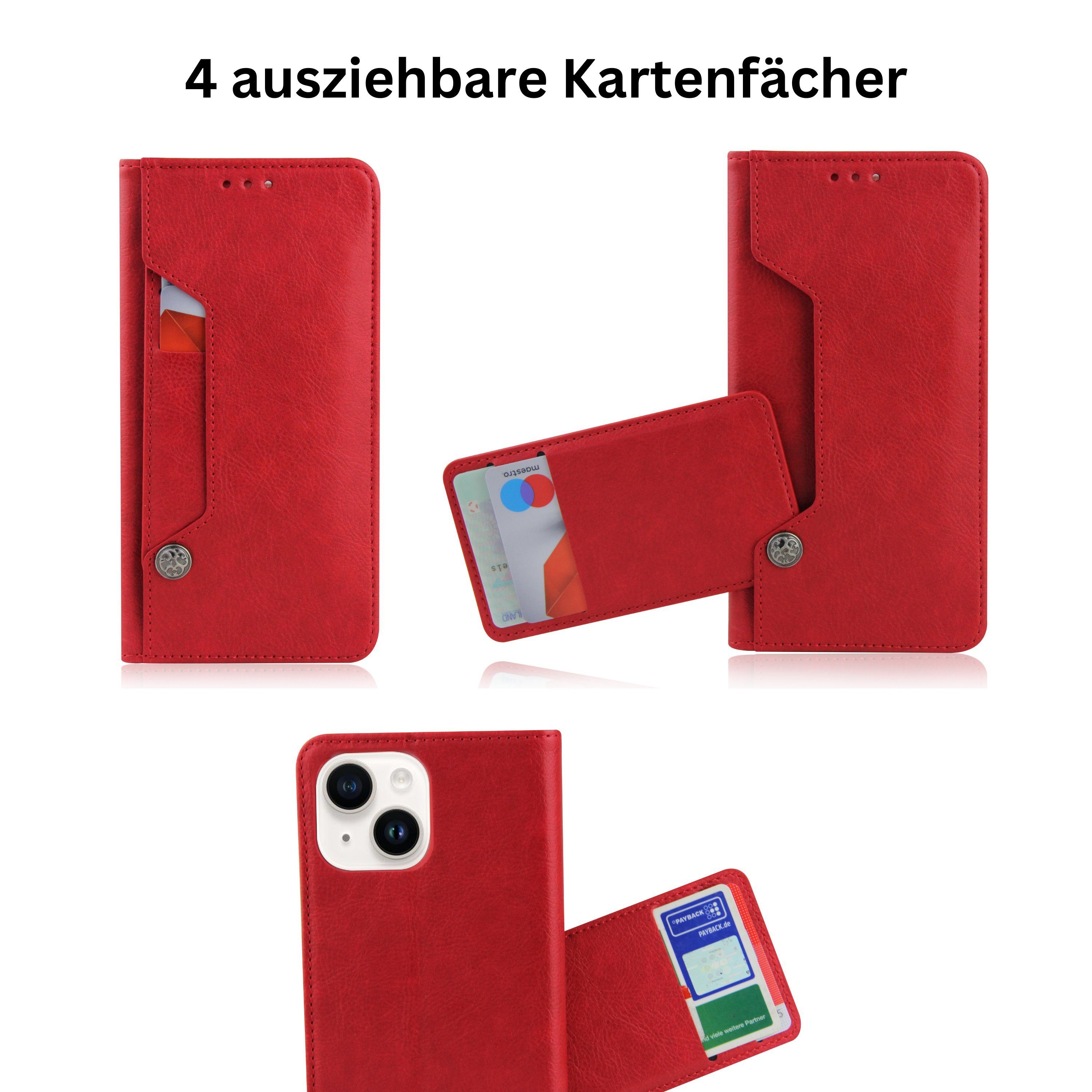 Frentree Handyhülle aus echtem Leder für iPhone 12, 13, 14, Magnetverschluss mit 4 Kartenfächern & 2 Sichtfenstern, Handy-Ständer