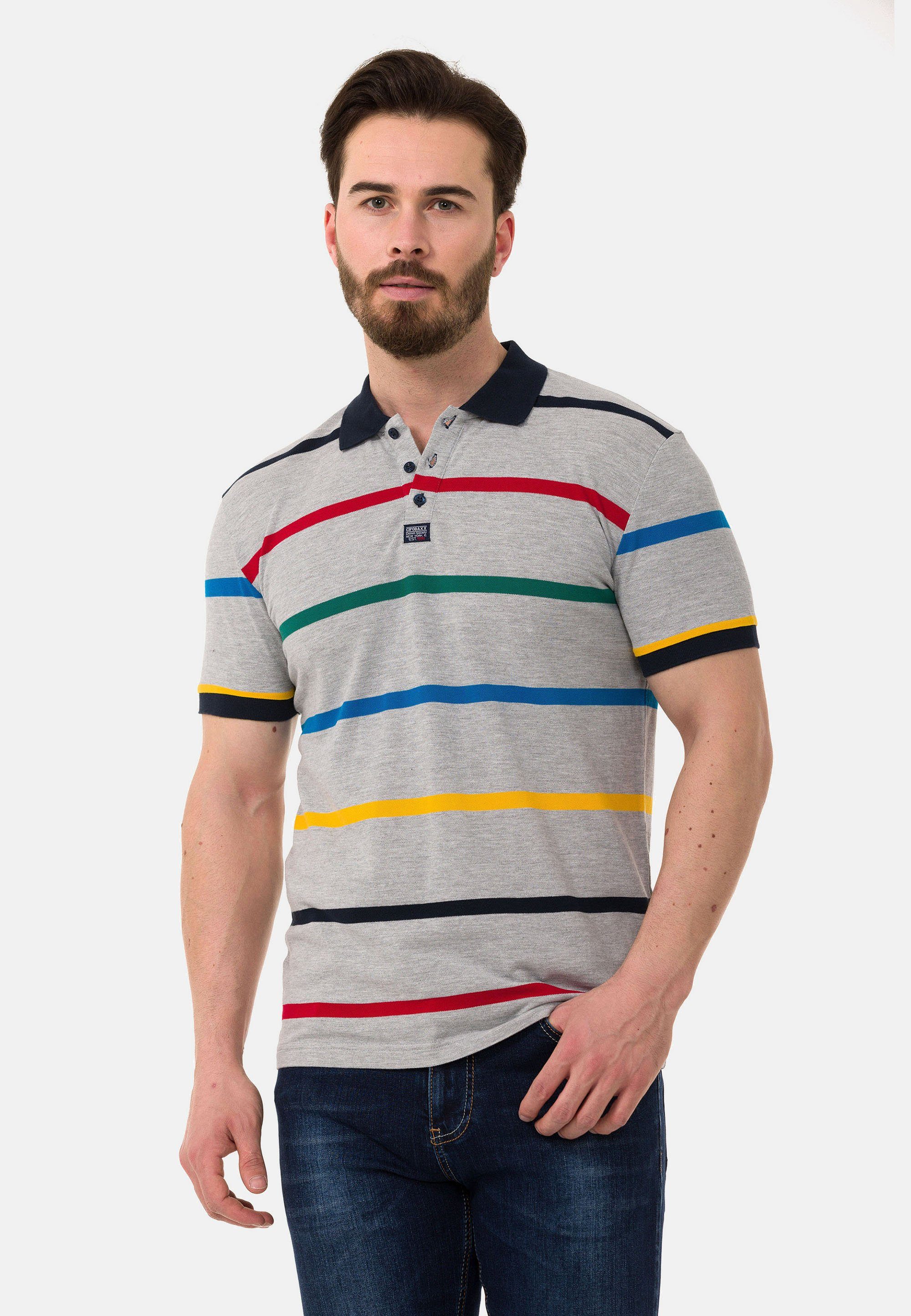 Cipo & Baxx Poloshirt mit farbenfrohem Streifen-Design grau