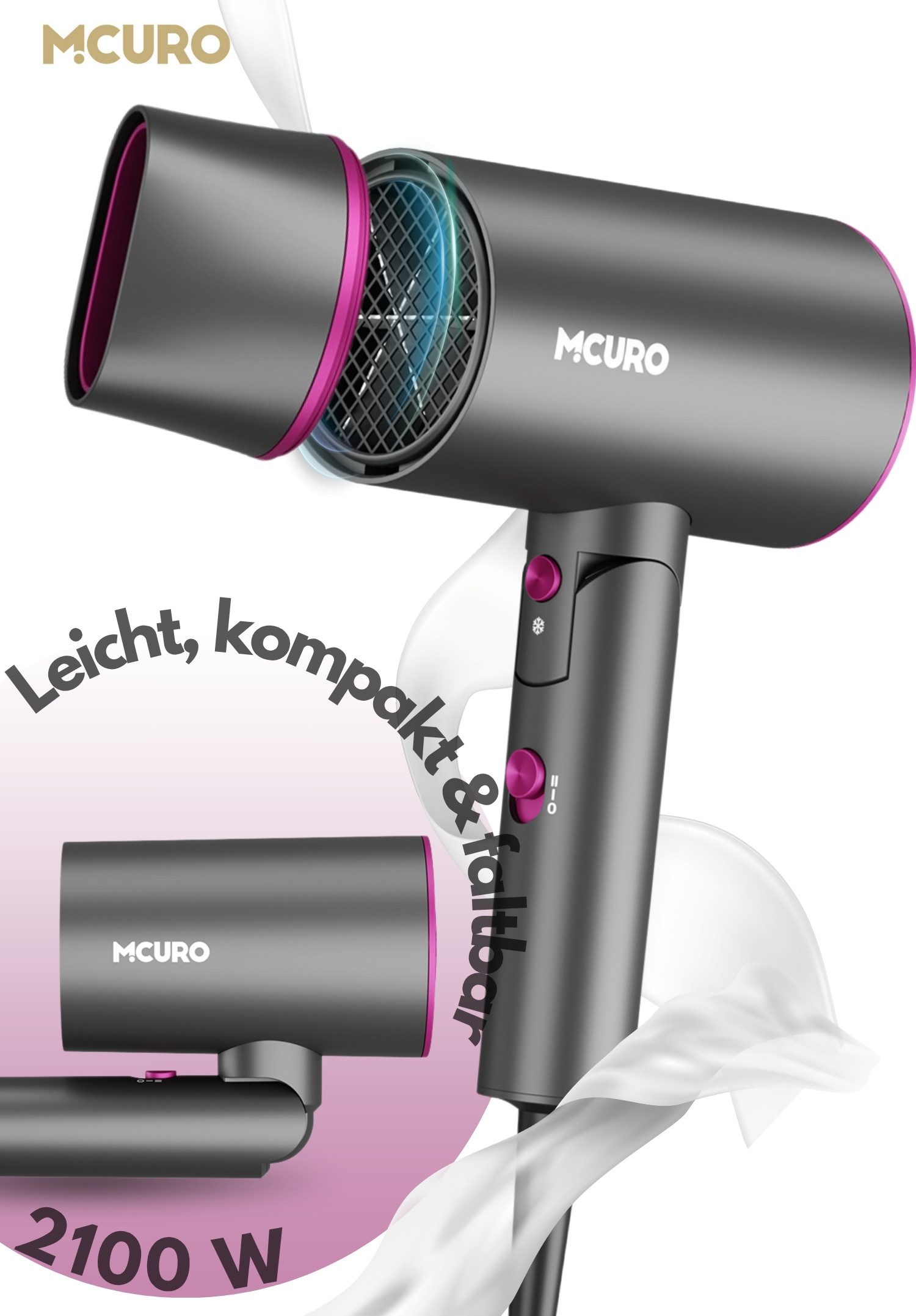 MCURO Haartrockner Leicht, kompakt & kraftvoll – der faltbare föhn für unterwegs, 2100 W, Hair Dryer, 2 Stufen + Kaltblitz Föhn mit Diffusor/Konzentratordüse
