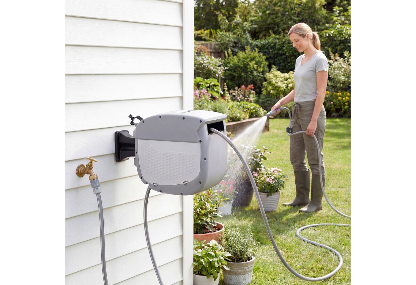 Outsunny Schlauchtrommel Gartenschlauch 20 m, 180° schwenkbar Wasserschlauchaufroller, (Schlauchaufroller, 1-tlg., Schlauchbox), Grau