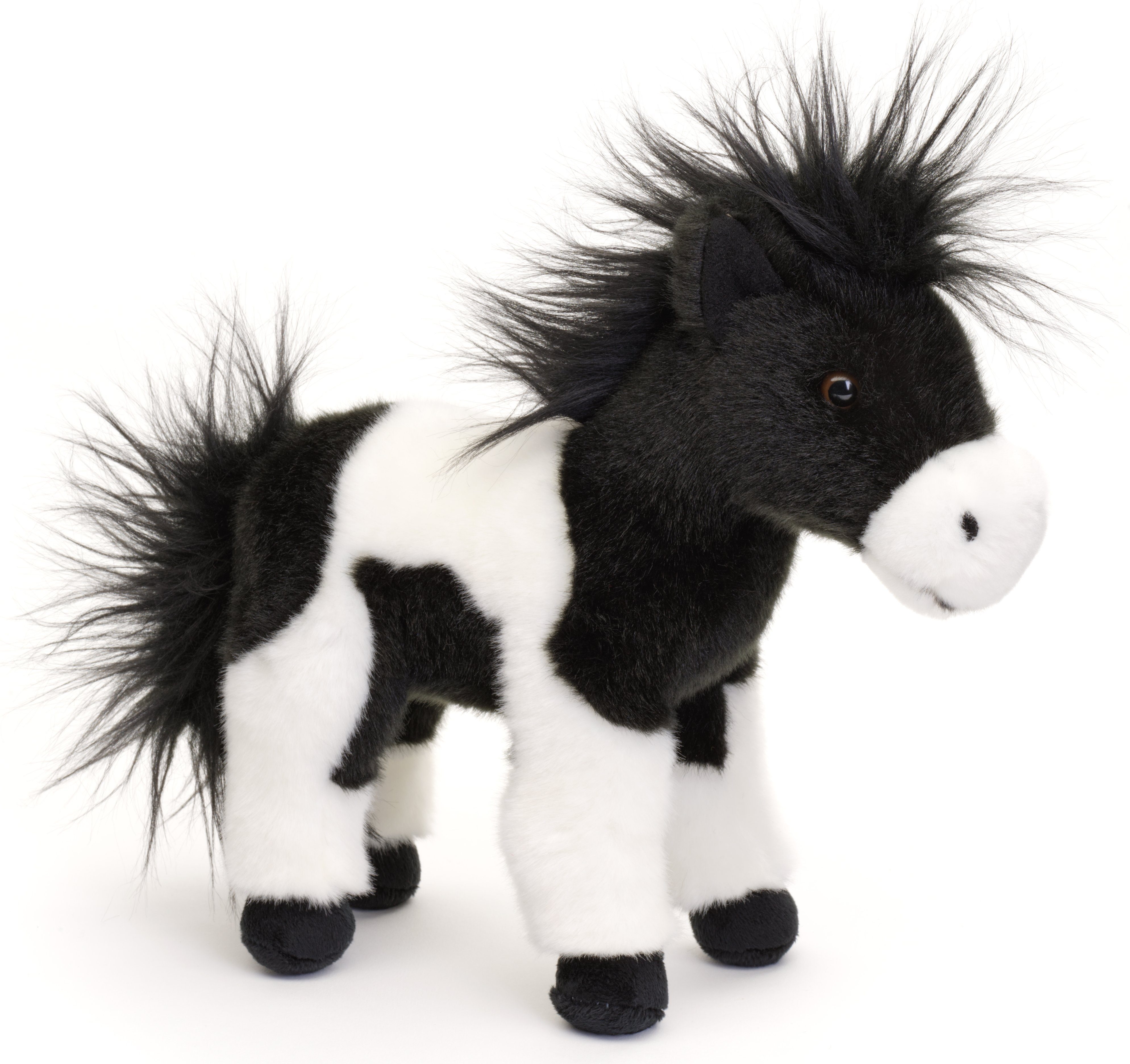 Uni-Toys Kuscheltier Pferd schwarz-weiß, stehend - 23 cm (Höhe) - Plüsch-Pferd, Plüschtier, zu 100 % recyceltes Füllmaterial