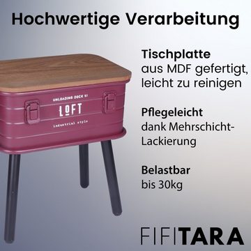 FIFITARA Beistelltisch rot, Retro Nachttisch, Vintage Ablagetisch, Konsolentisch, Metall mit Holzplatte und Stauraum, industrial Design