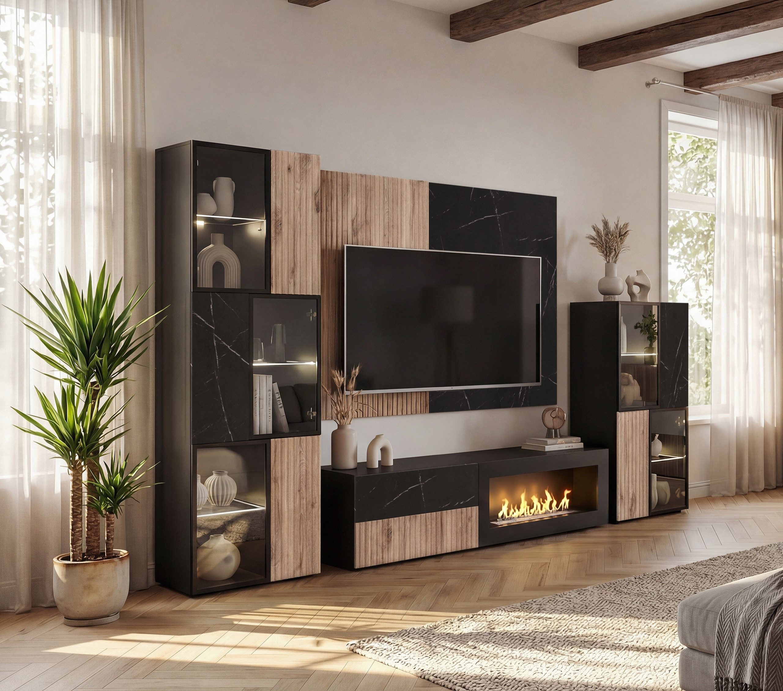 ASM-Moebel Wohnwand Wohnwand CANNES CS2 R-K mit Bio Ethanol Kamin LED und Push - Click, Mit Bio-Ethanol Kamin, Led Beleuchtung und Push - Click Sytem