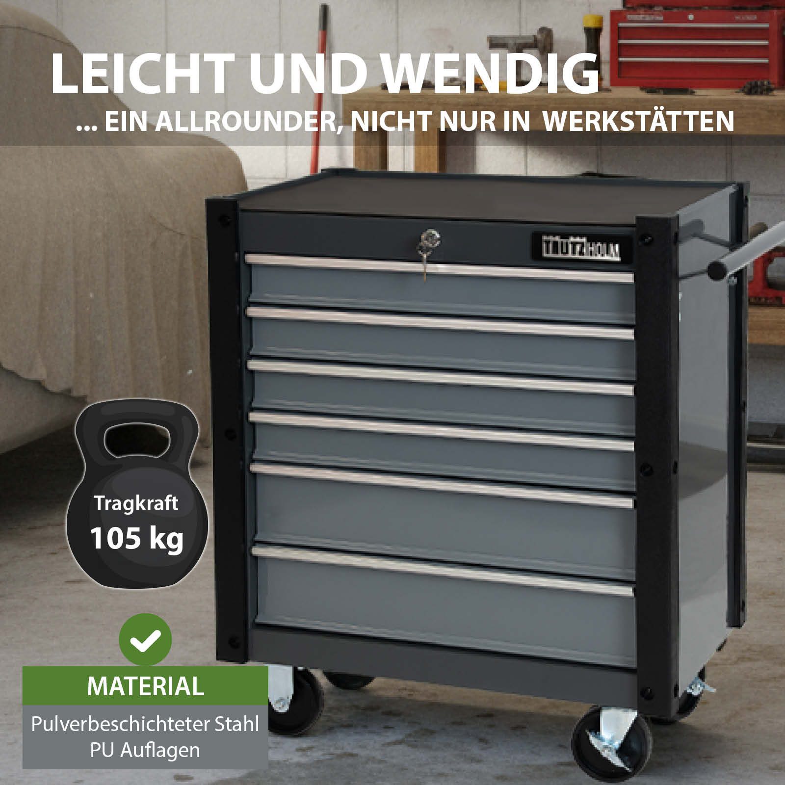 TRUTZHOLM Werkstattwagen Werkzeugwagen Trutzi Rollcontainer Werkstattwagen Werkzeugaufbewahrung, auf Rollen, 0-tlg. Werkzeugset, 6 Schubladen,78x64 cm,Grau