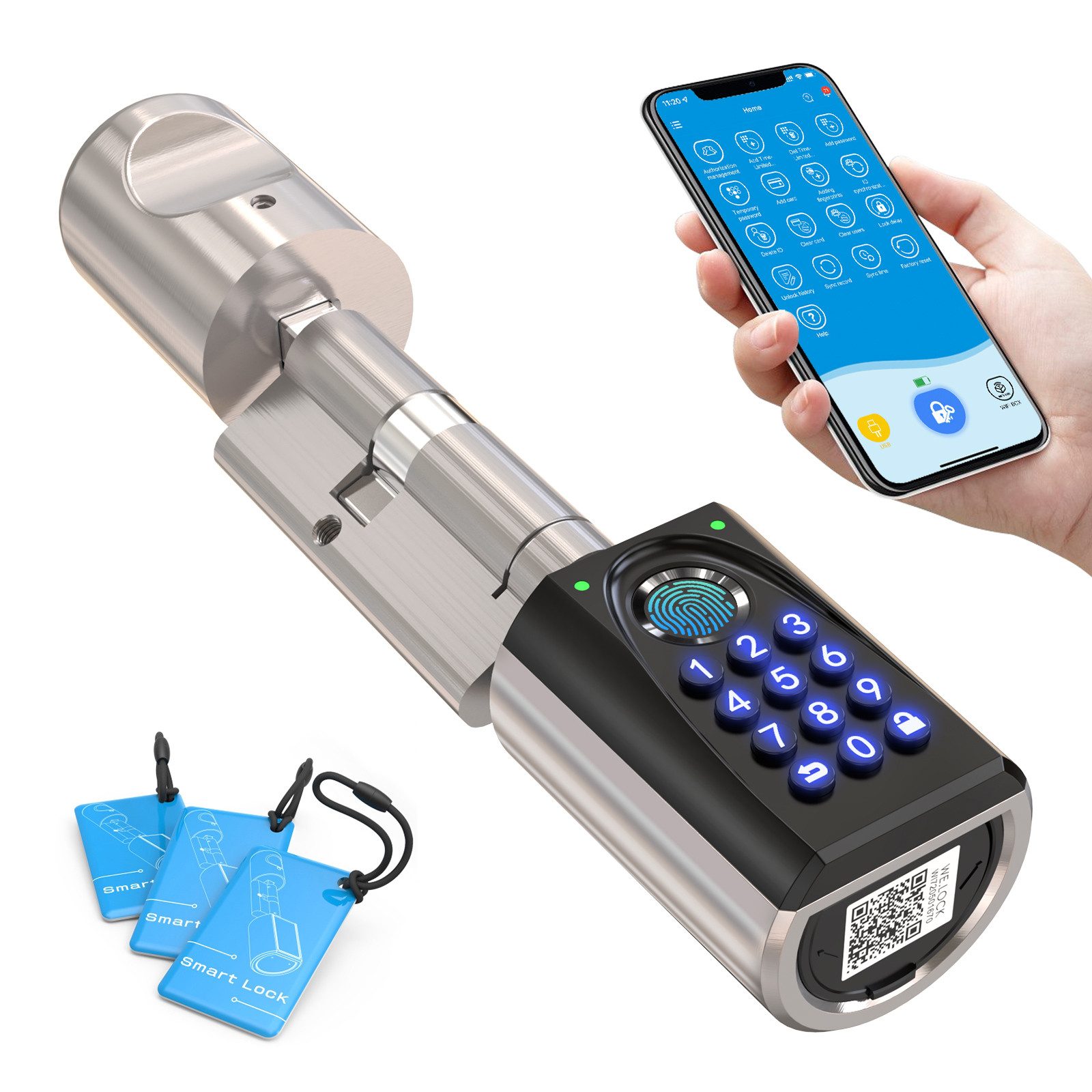WE.LOCK Schließzylinder WELOCK Türschloss Fingerabdruck ToucA51 Pro für 50-100 mm Türen, (Packung, Smartes türschloss x1, RFID-Karte x3, Anleitung x1, Zubehörbox x1), Fingerabdruck, Dauer-/Temp-Passwort, RFID, App, Ersatz-USB,Fernöffnung