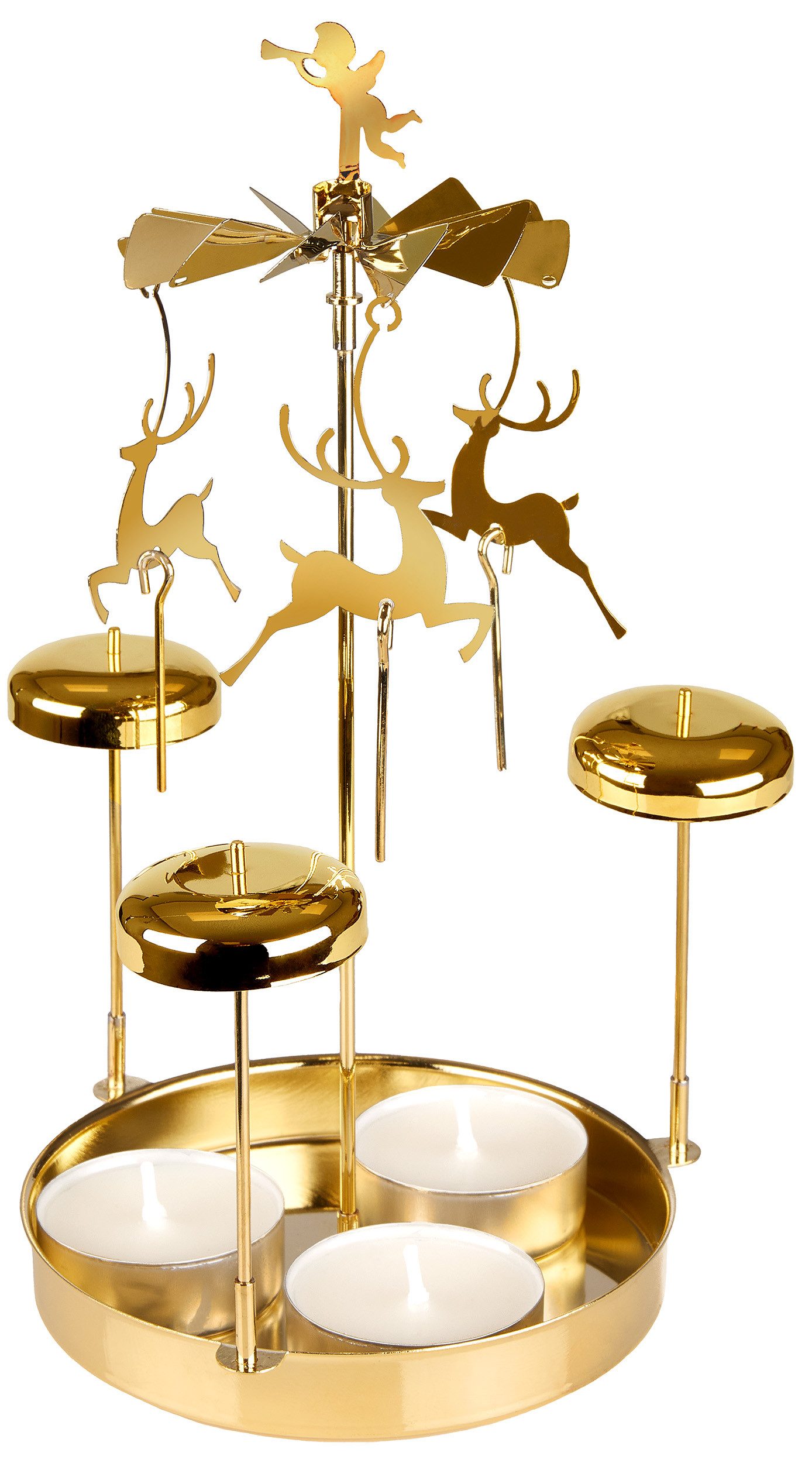 BRUBAKER Kerzenständer Lichter Glockenspiel aus Metall - Karussell Kerzenhalter mit Rentieren (inkl. 3 Teelichter - Drehende Tischpyramide - Kerzenständer, 1 St., festlicher Teelichthalter), Teelichtkarussell für Weihnachten als Tischdeko - Gold