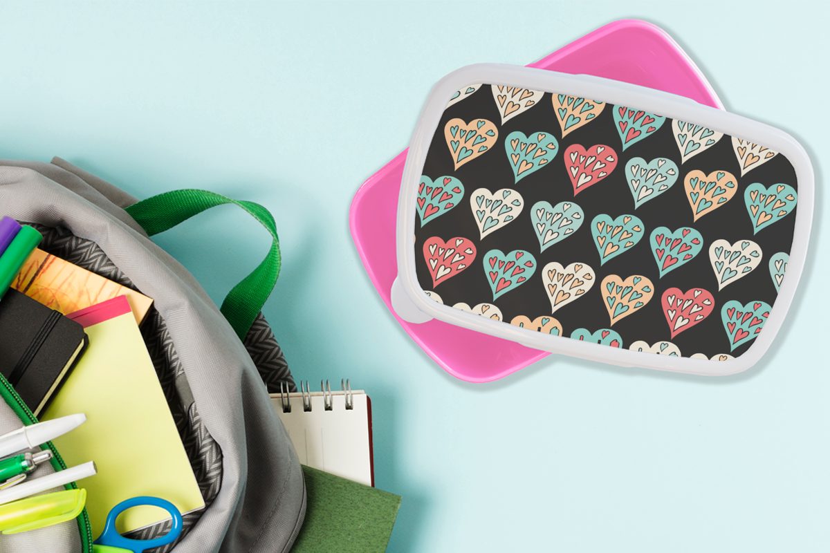 MuchoWow Erwachsene, (2-tlg), Lunchbox Kunststoff, Kinder, Herz Kinder Mädchen Muster rosa Mädchen, für - Mädchen Kunststoff Mädchen, Snackbox, - - Herzen - Brotbox Brotdose - -