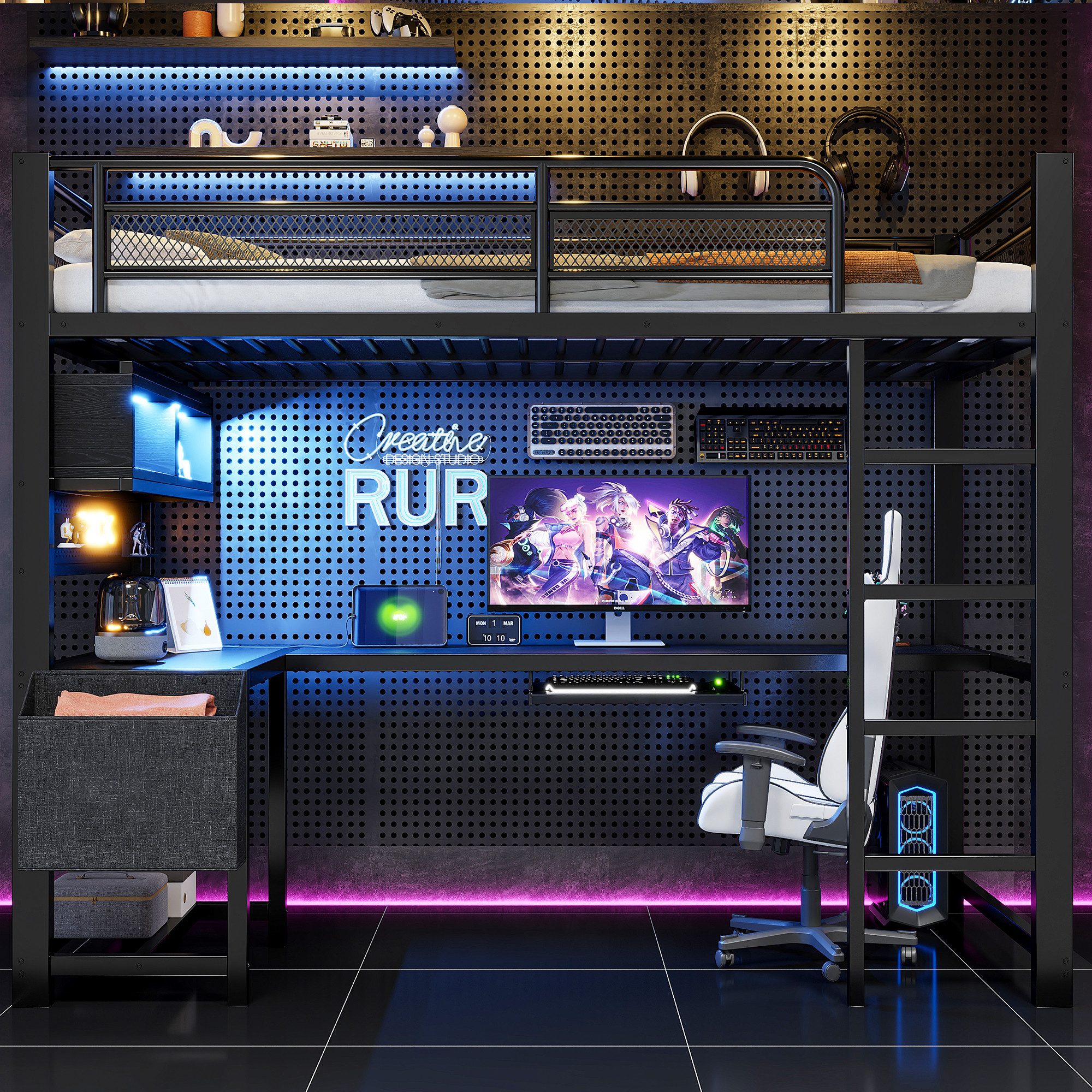 REDOM Hochbett Kinderbett mit Schreibtisch (Tastaturablage, Staufächern, LED-Beleuchtung und Ladestation, Schwarz/Weiß, 1-St., 90x200cm)