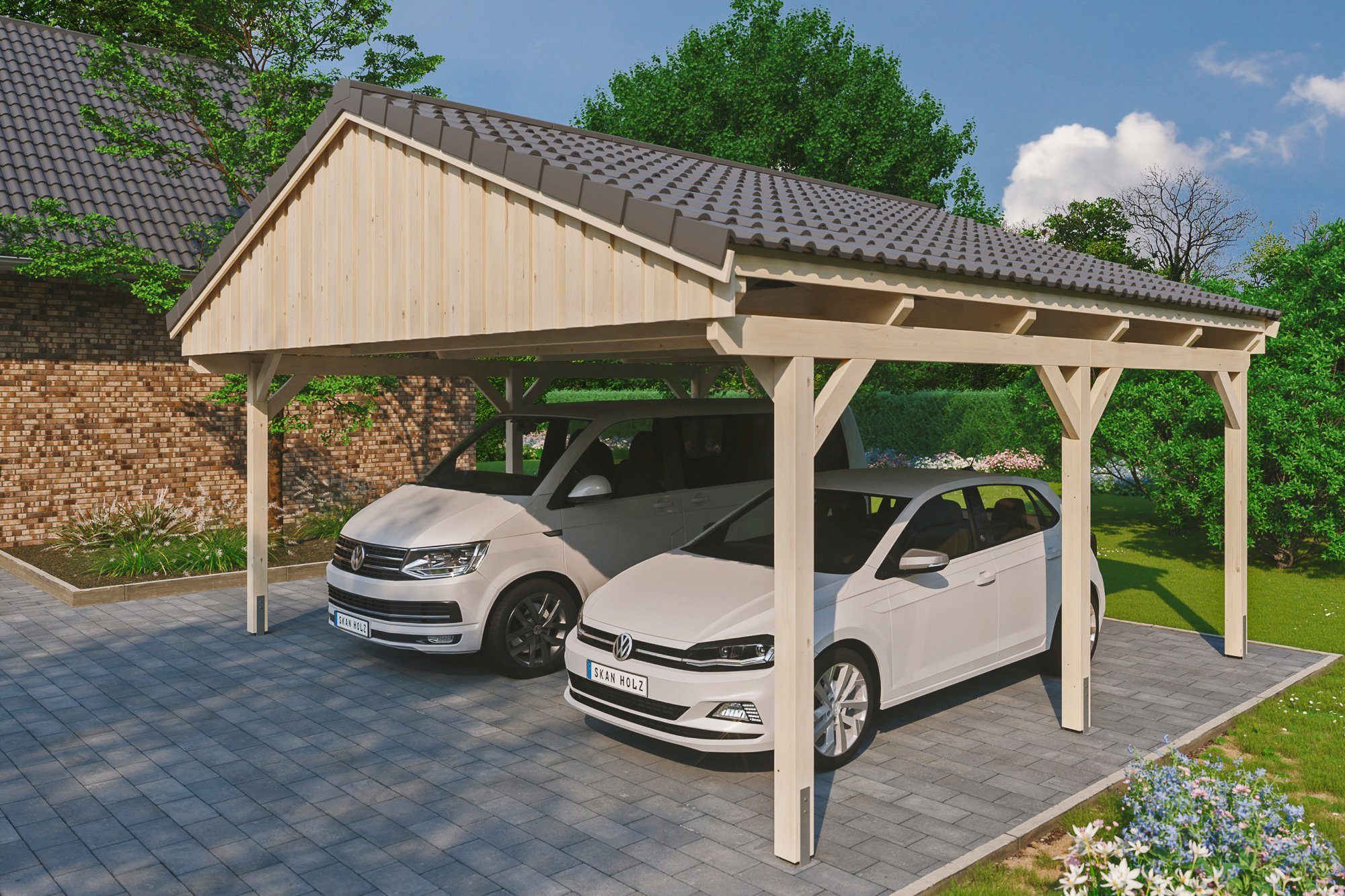 Skanholz Doppelcarport Fichtelberg, BxT: 618x566 cm mit 574 cm, Einfahrtshöhe, Dachlattung