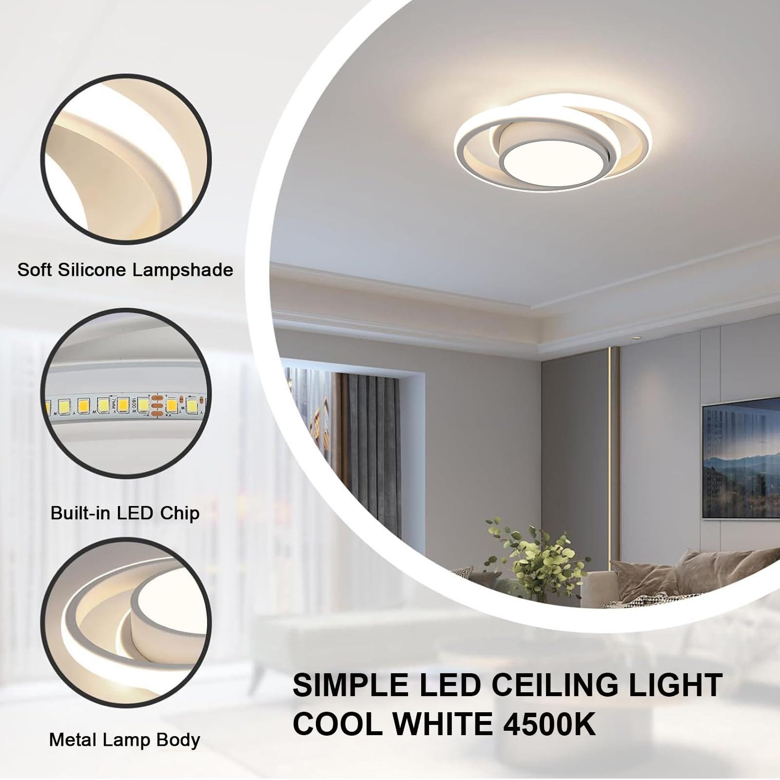 JDONG LED Deckenleuchte 30/32CM Schwarz/Weiß deckenlampe, LED fest integriert, 24W Natürliches 4000K Runde / Ekig, Für Schlafzimmer, Küche, Flur, Gang, Restaura – Bild 3 von 5