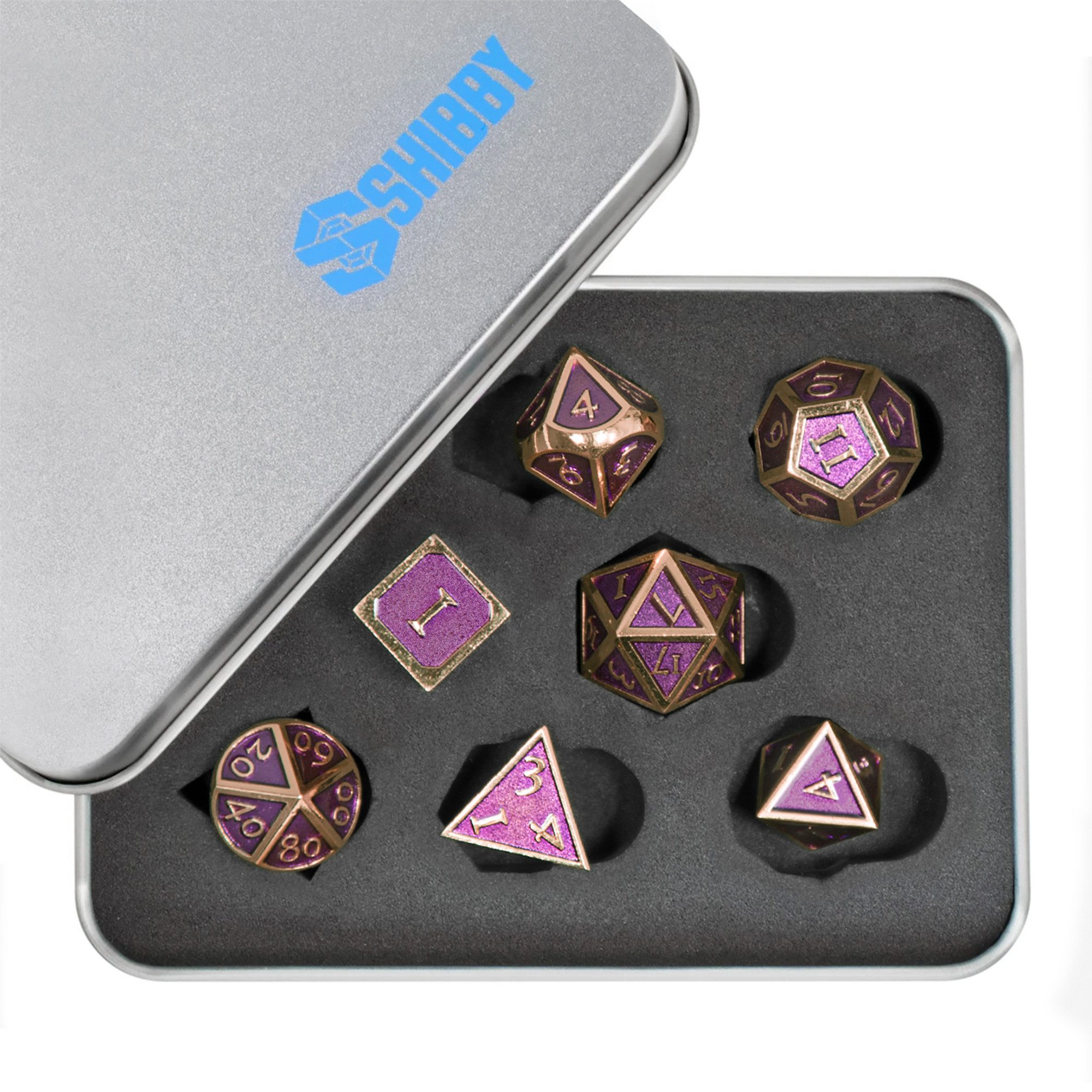 SHIBBY Spielesammlung 7 polyedrische Metall-DND-Würfel in Steampunk Optik, inkl. Aufbewahrungsbox