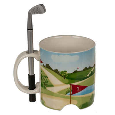 Out of the Blue Tasse Golfplatz Kaffeetasse ca. 10 x 8 cm mit Zubehör für Tischgolf, Steingut, inkl. Golfschläger und Golfball
