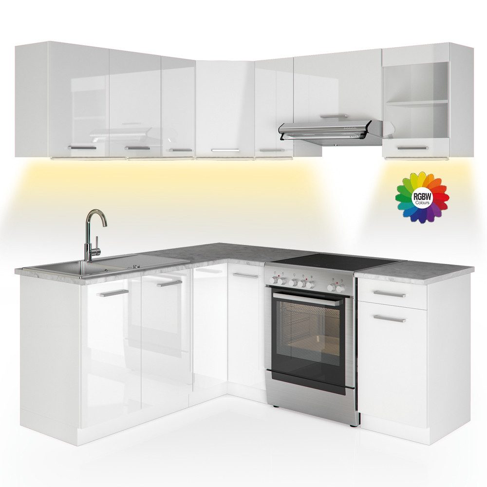 Vicco Winkelküche R-Line, Weiß Hochglanz/Weiß, 187 x 167 cm, AP Marmor mit LED-Leisten