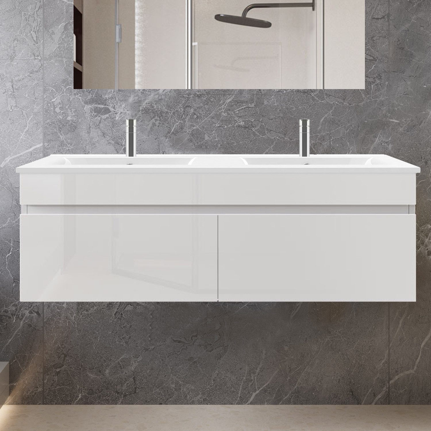 duschspa Waschtisch Unterschrank mit Waschbecken Badmöbel Set, Hochglanz, Softclose, mit Überlaufloch