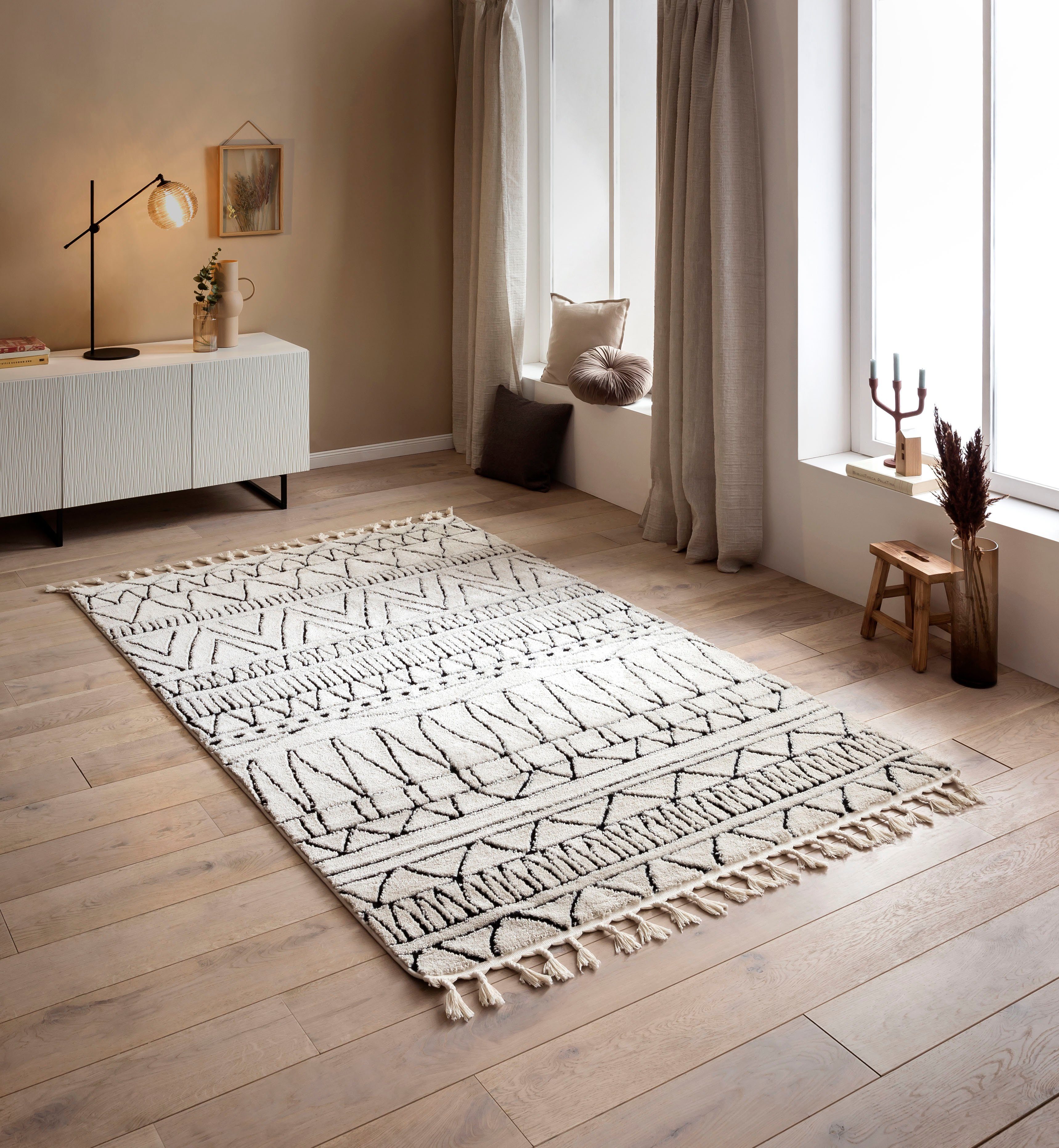 done.® Teppich OCEAN, rechteckig, Höhe: 10 mm, modernes Scandi Design, Hoch-Tief Effekt, mit Fransen