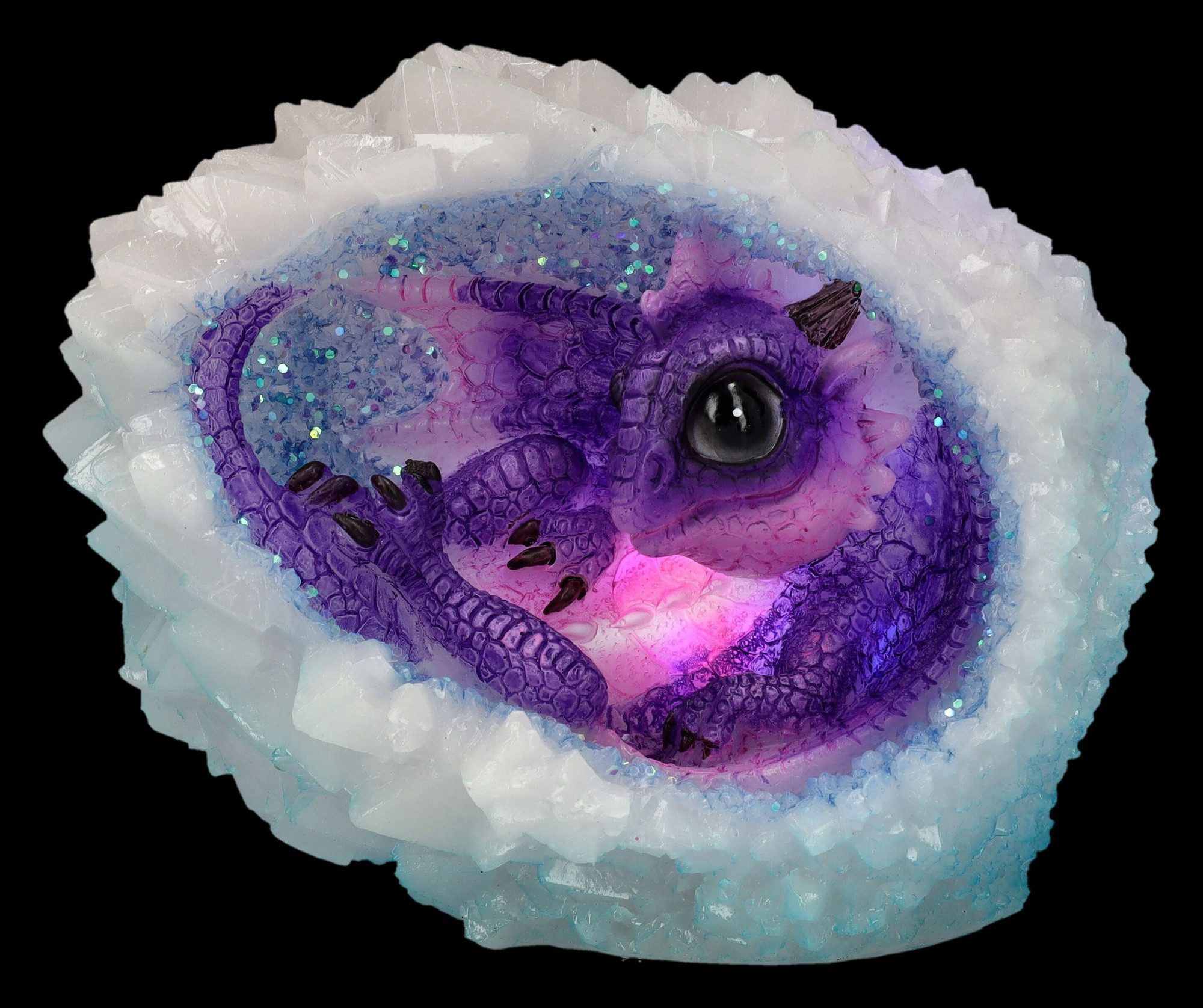 Figuren Shop GmbH Fantasy-Figur Drachenfigur lila mit Kristall - Geode Nest - Drache Dekoration Figur