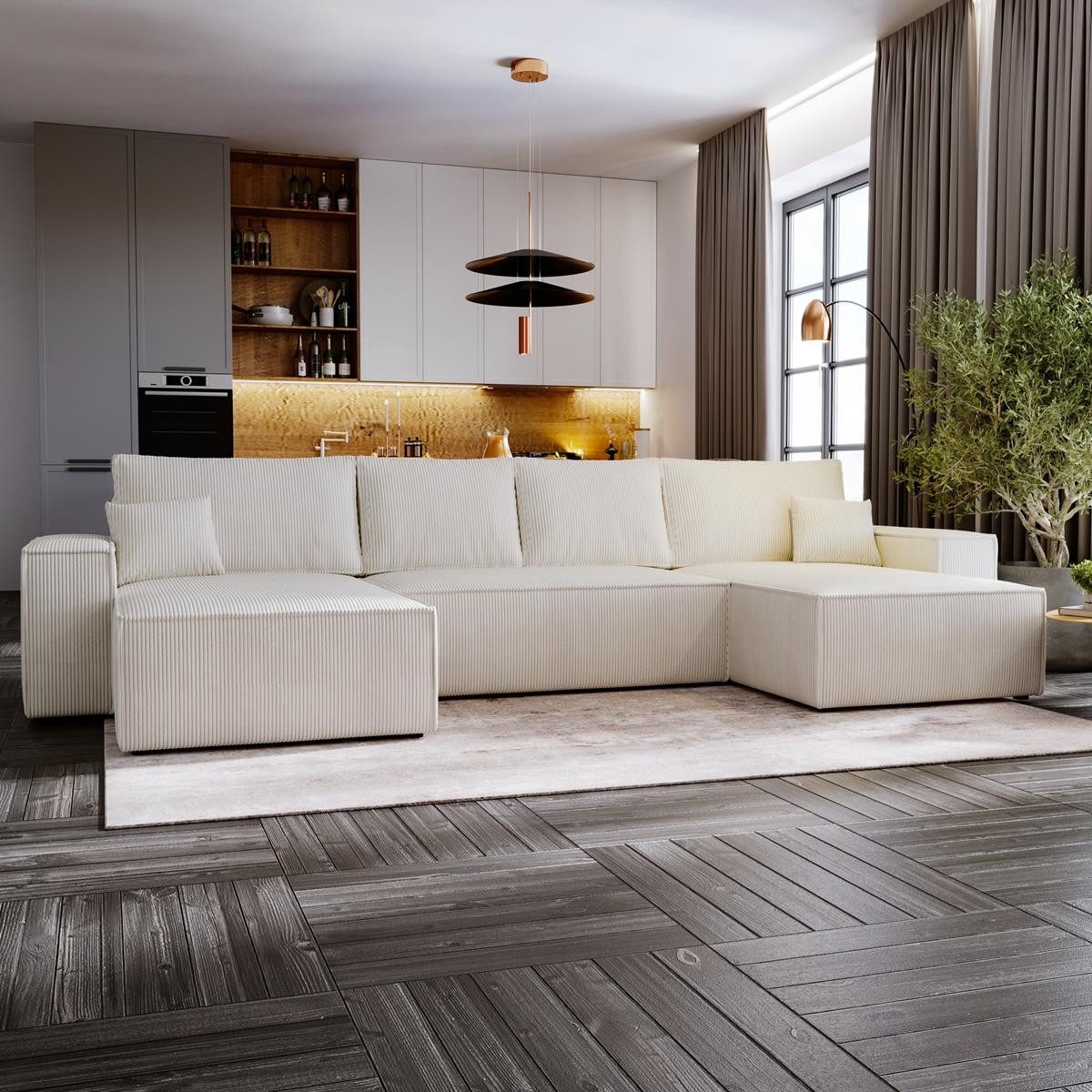 Compleo Ecksofa 370 cm breit, U-Form MALAG, mit Schlaffunktion und Bettkasten, Cordstoff