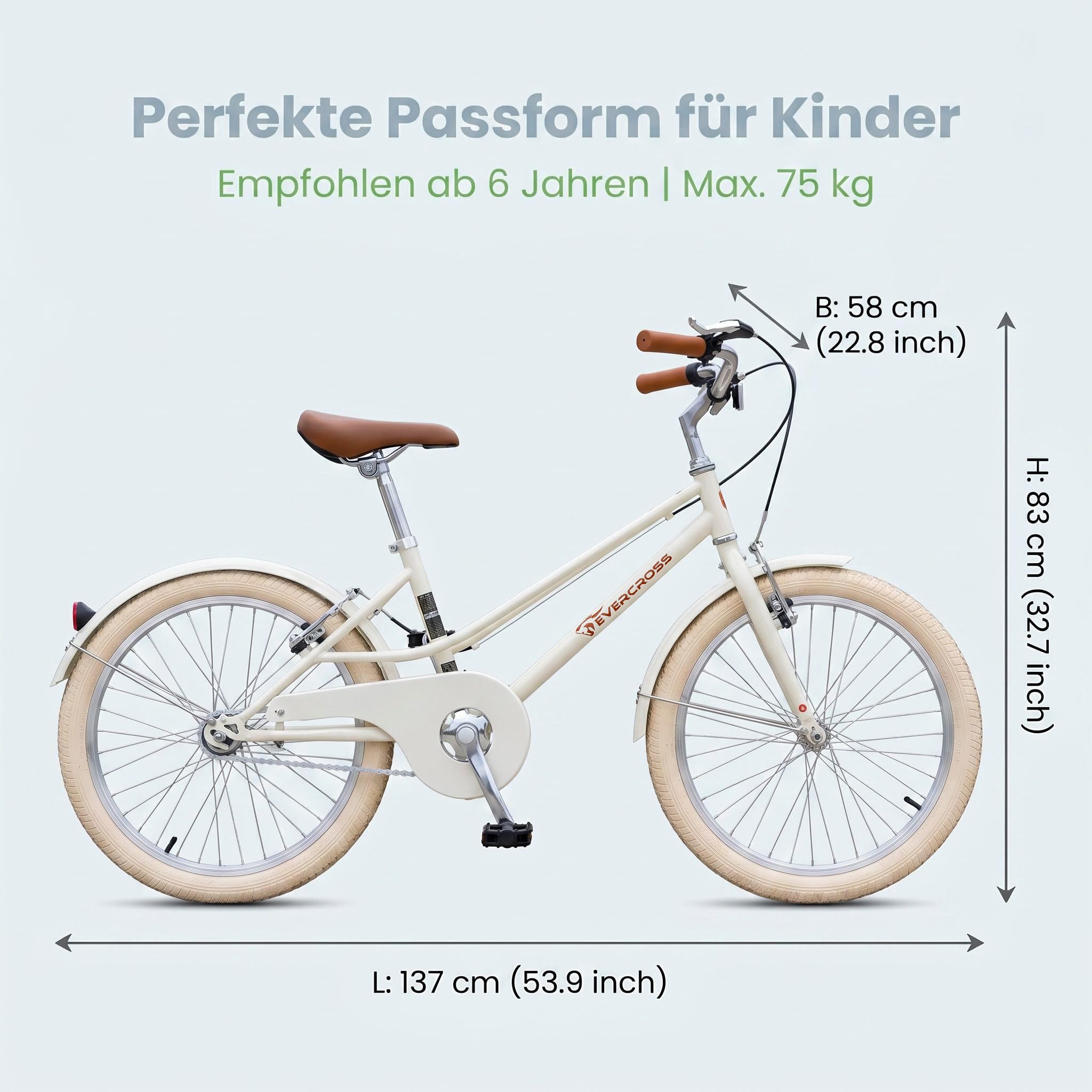 EVERCROSS TECH Kinderfahrrad EM2 20 Zoll Retro Cremeweiß für Kinder ab 6 Jahre, 1 Gang, Niedriger Einstieg, V-Bremsen, Sicher & Komfortabel für Alltag – Bild 5 von 5