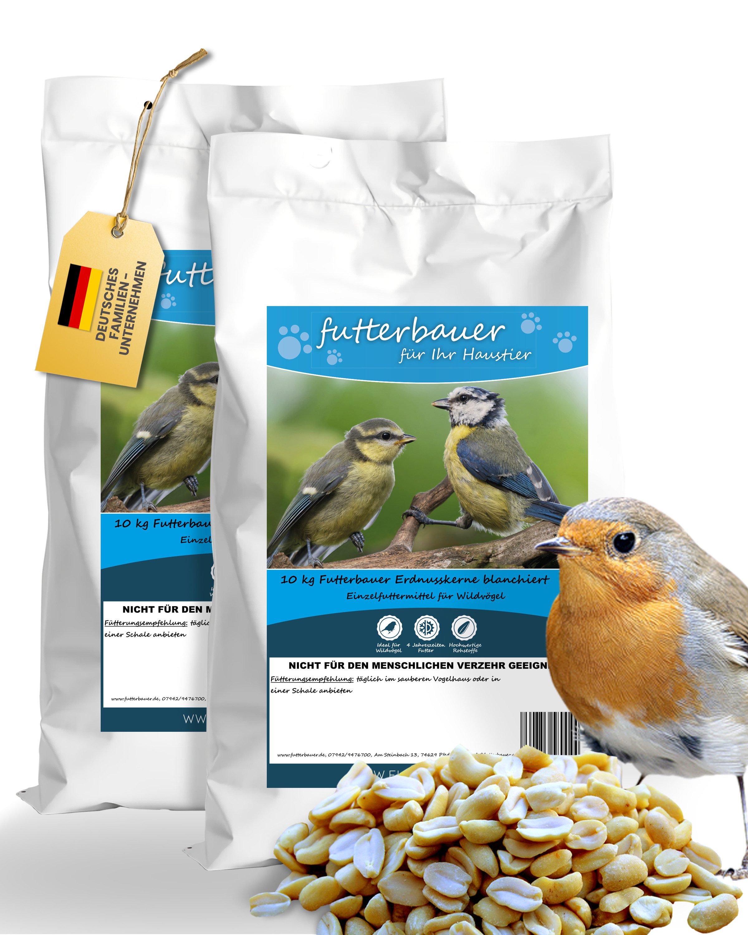 futterbauer Futterbauer 2 x 10 kg Erdnüsse Erdnusskerne weiß blanchiert ohne Haut, für: Vogel