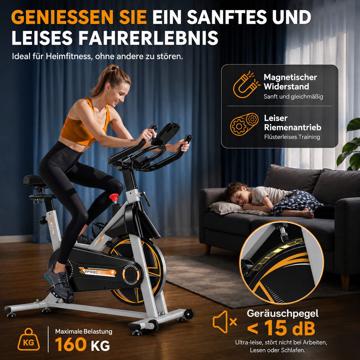 Riksion Heimtrainer mit LCD-Monitor, Magnetwiderstand Stationäres Fahrrad für Zuhause (1-tlg), Indoor Bike mit Flüsterleise, Schweres Schwungrad – Bild 3 von 5