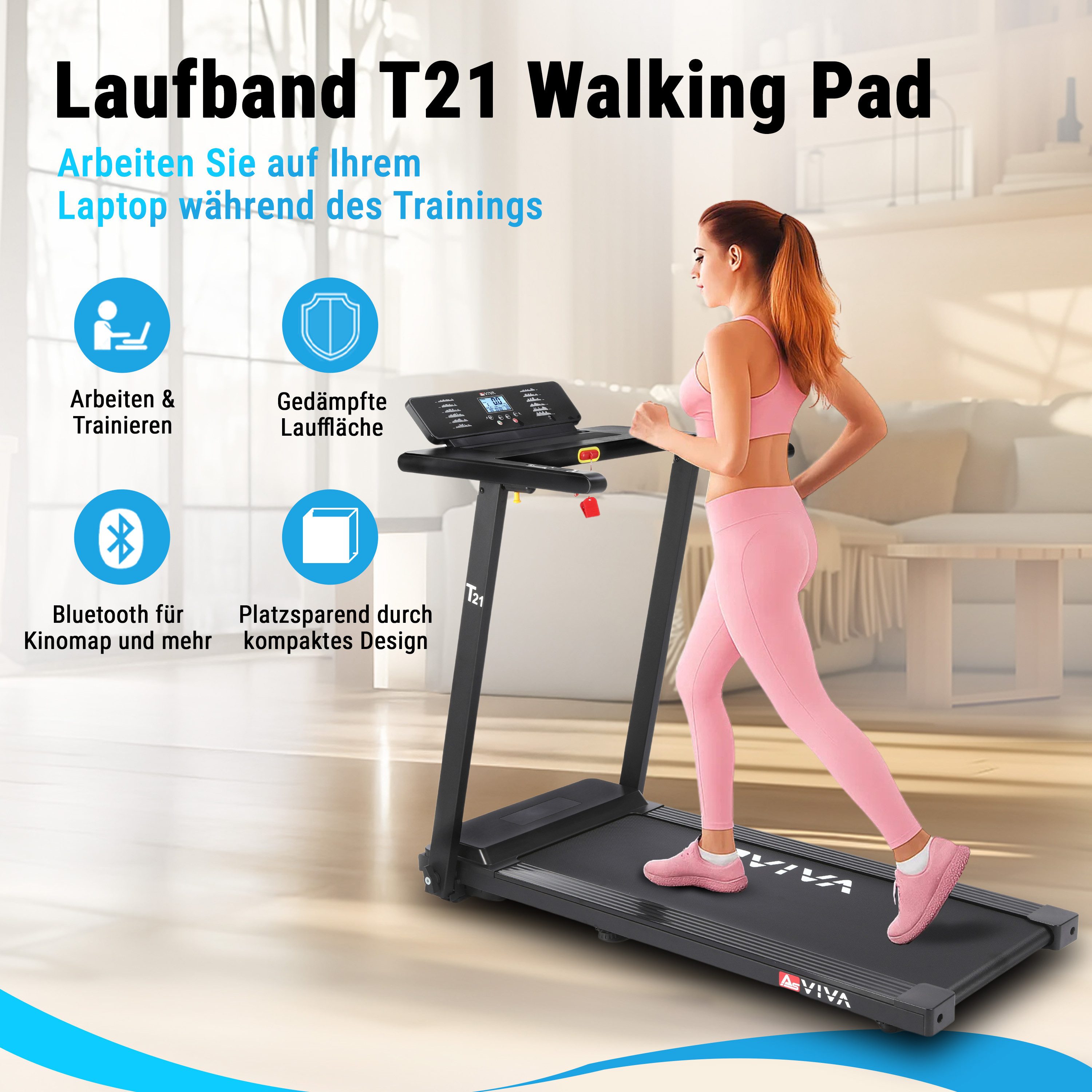 AsVIVA Laufband T21 2-in-1, App-kompatibel Bluetooth, 2,5 PS Motor, Klappbar & kompakt