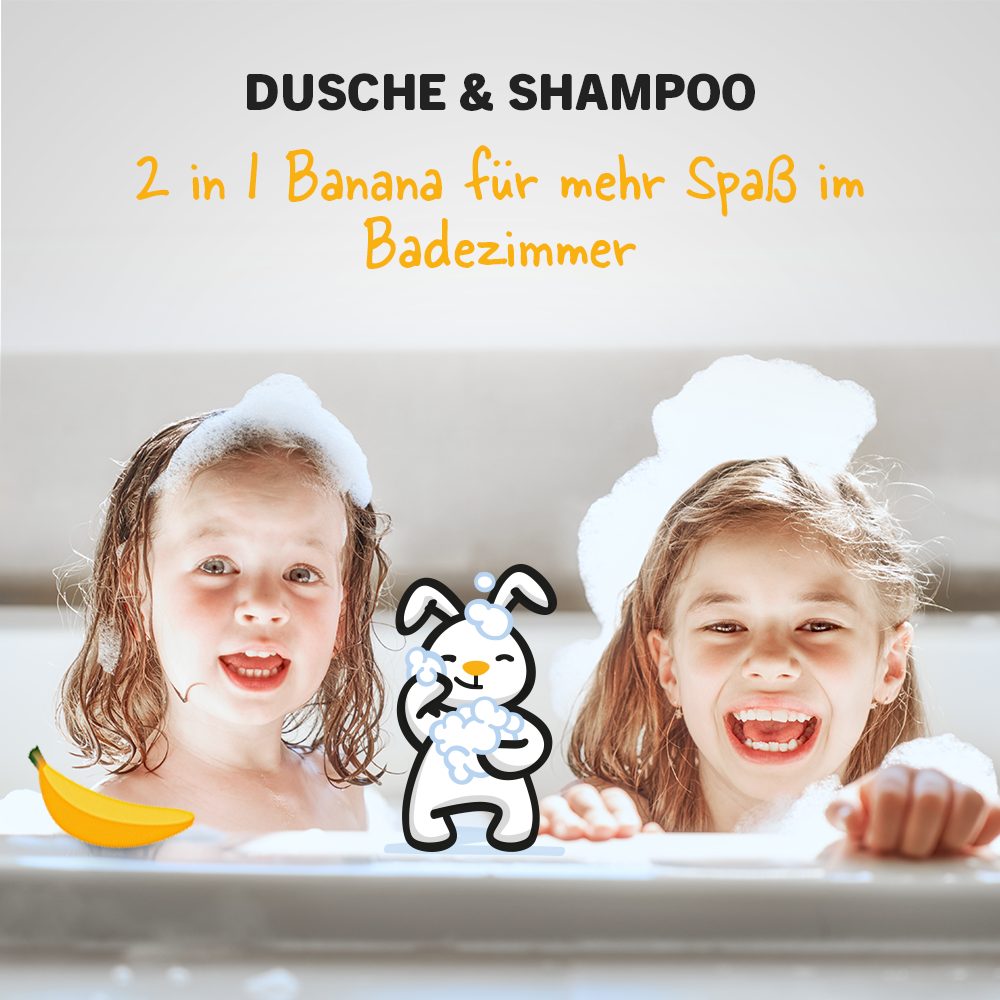 sanosan Duschgel 2in1 Dusche Haarpflege & & Spray Banane Leichtkämmspray Milchprotein - Haarpflege & Leichtkämm Hautpflege, Kinder Bio Haarshampoo, - für - 1-tlg. mit Duschgel, Olivenextrakt & Shampoo