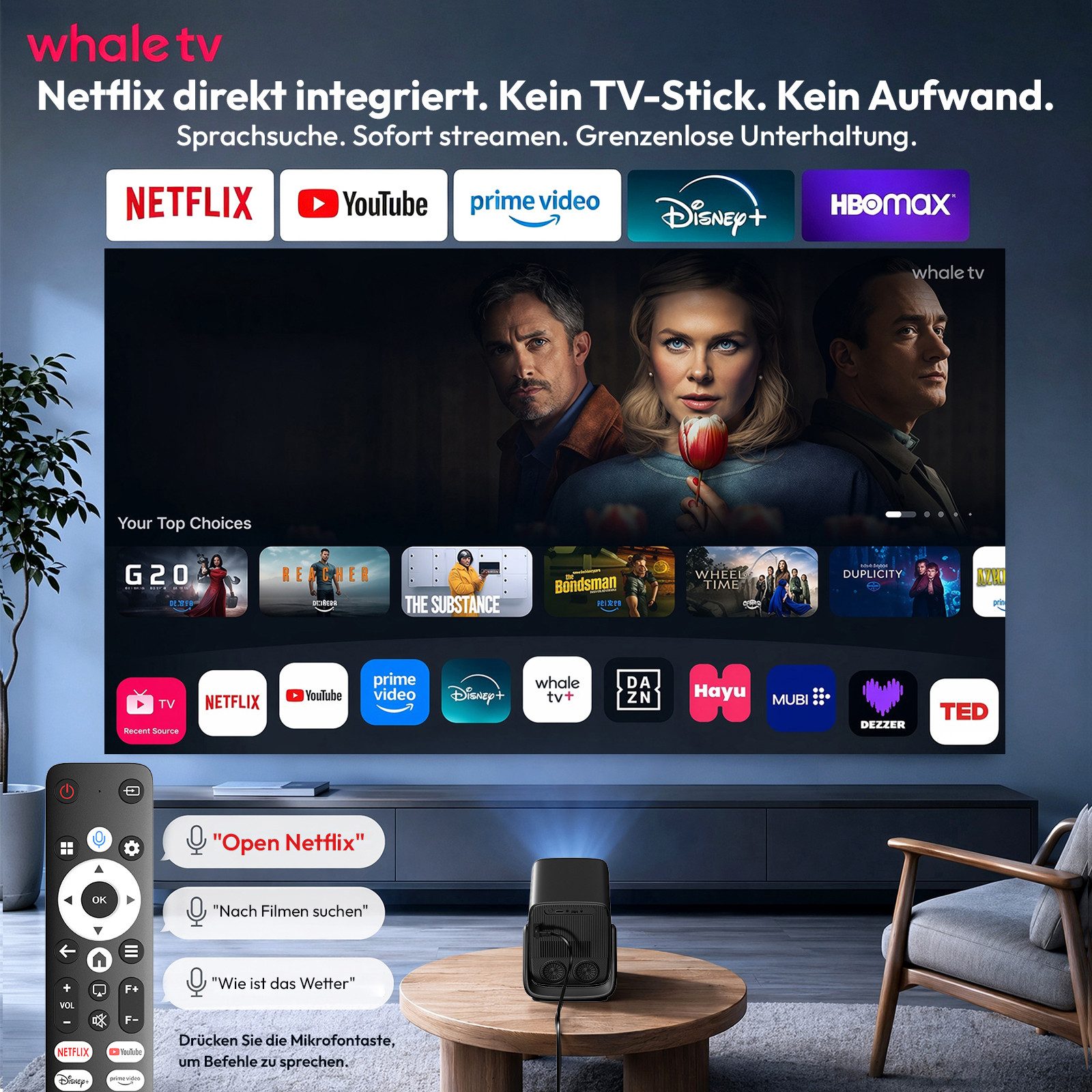 XGODY Beamer 4K Heimkino 1000 ANSI, kompatibel mit Netflix (Autofokus) UHD-Beamer (1000 lm, 15000:1, 3840 x2160(1000 ANSI) px, 150-Zoll-Display beamer mit leinwand, beamer deckenhalterung)