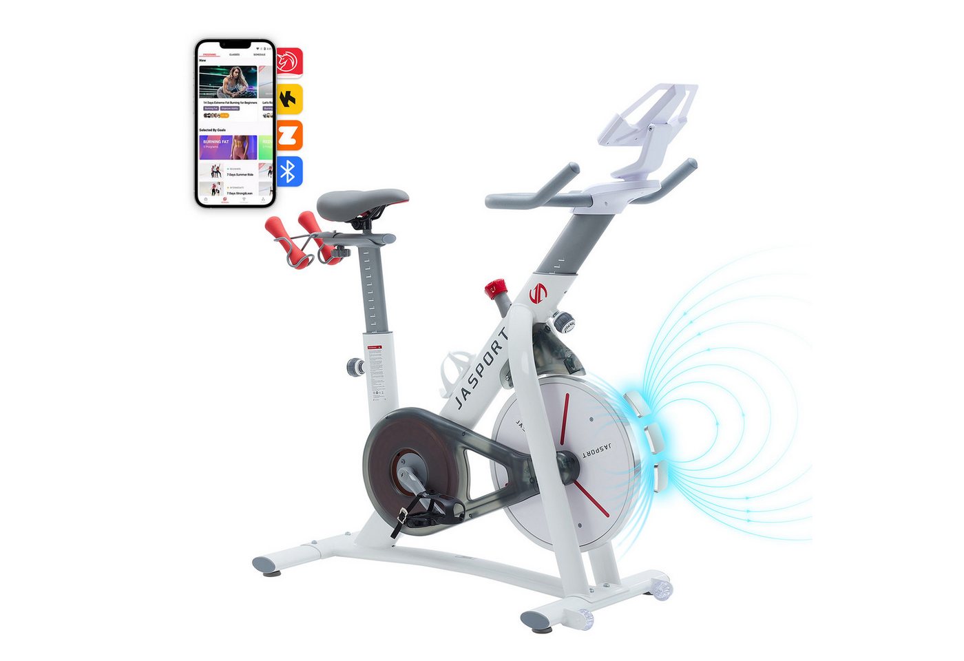 JASPORT Speedbike S3 Heimtrainer Fahrrad, leise, 100 Stufen, Bluetooth, bis 120 kg (2 Kurzhanteln, Tablet-Halterung, Flaschenhalter & Transportrollen), YESOUL-App mit Video-Kursen, Kinomap & Zwift, Trainingsdaten-Sync