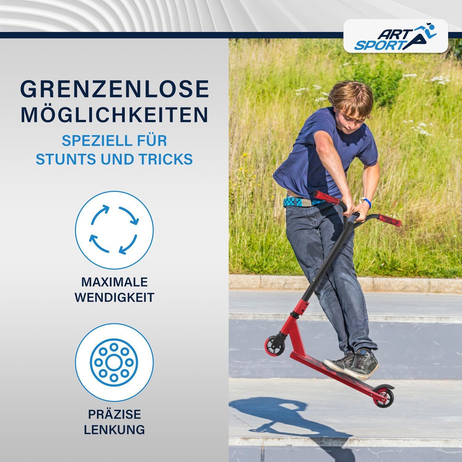 ArtSport Stuntscooter Red Smoke, Alu Core, 360°-Lenker mit TPR-Grips, stabil und leicht