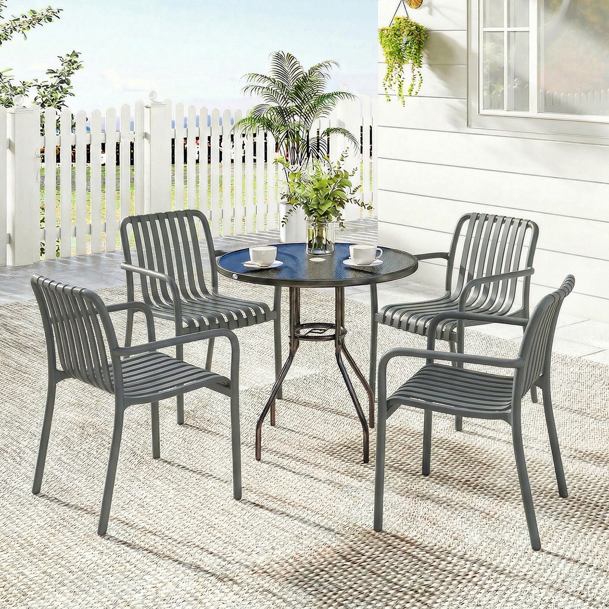 Outsunny Gartenstuhl Stapelbare Balkonstühle mit Lamelldesign-Armlehnen ergonomisch 120kg (Terrassenstühle, 4 St), für Garten, Balkon Terrasse 55 x 58,5 x 81,5 cm Dunkelgrau