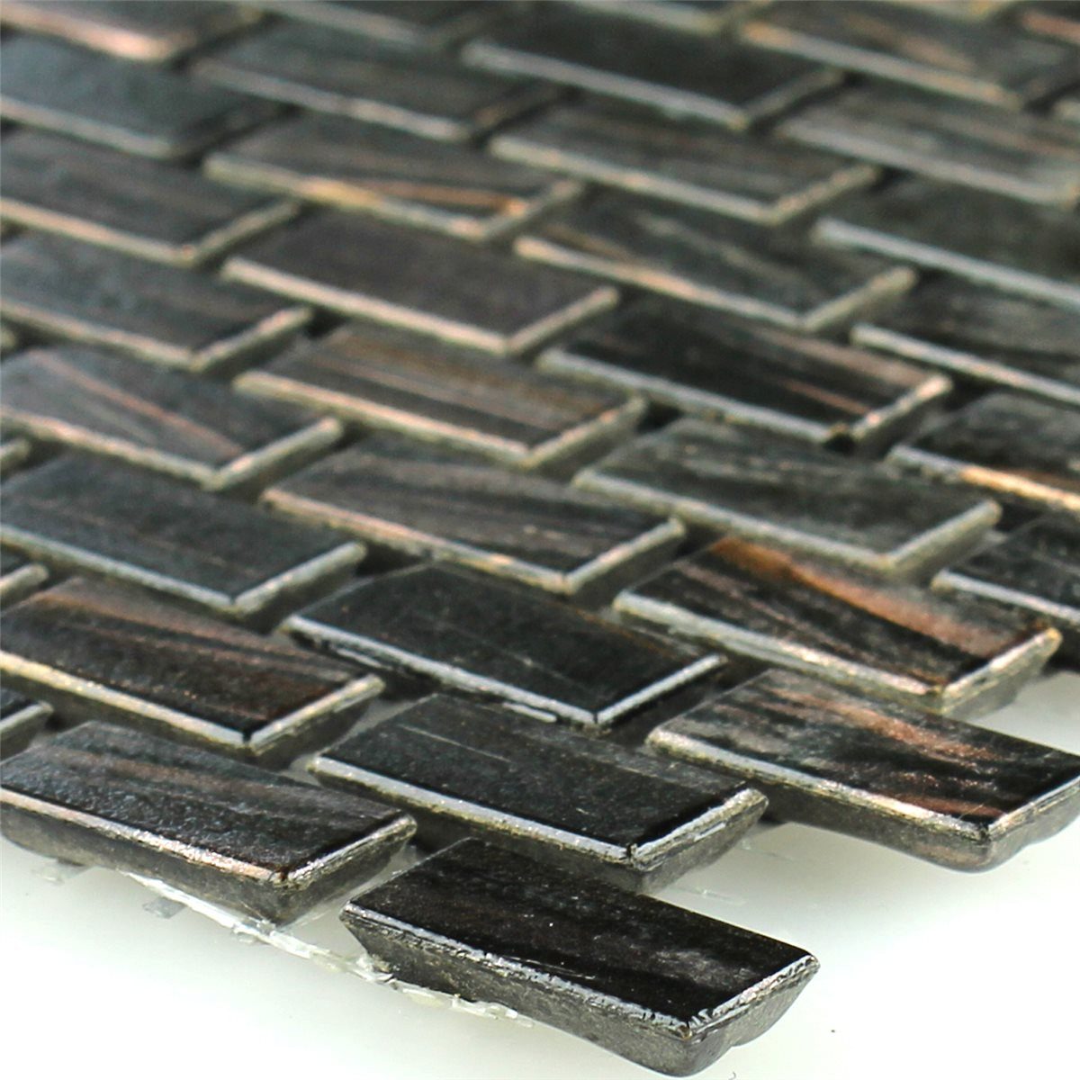 Mosafil Mosaikfliesen Glasmosaik Goldstar Braun Mini Brick, Glas 32.700x30.500, schwarz-braun, Verlegefertig auf ein Netz geklebt - Frostsicher - Wasserfest