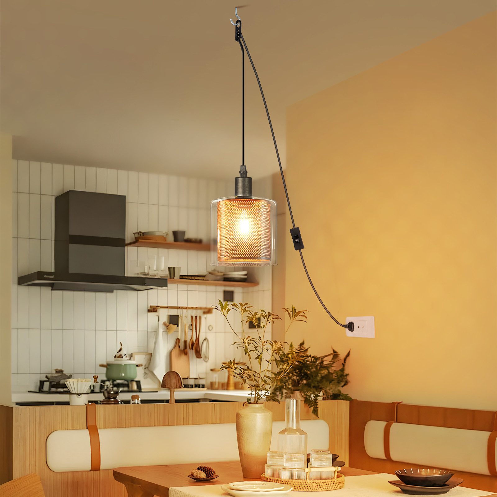 Nettlife Pendelleuchte Vintage Glas Gold E14 1 Flammig Esszimmer Hängelampe mit Stecker, mit Stecker und Schalter, LED wechselbar, Retro Esstisch Hängeleuchte für Wohnzimmer Küche