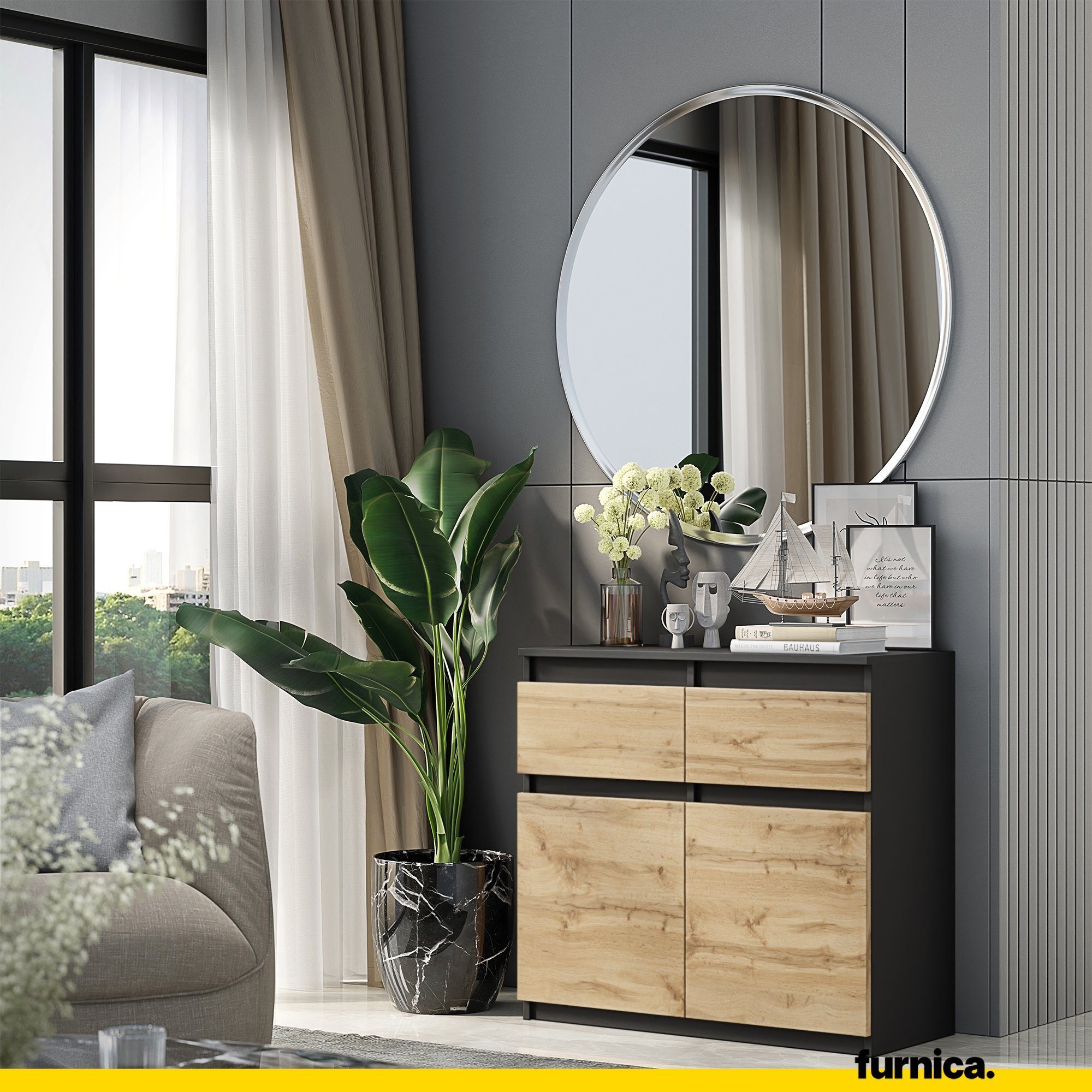Furnica Kommode NOAH 2 Schubladen und 2 Türen - Anthrazit Grau H75cm B80cm T35cm