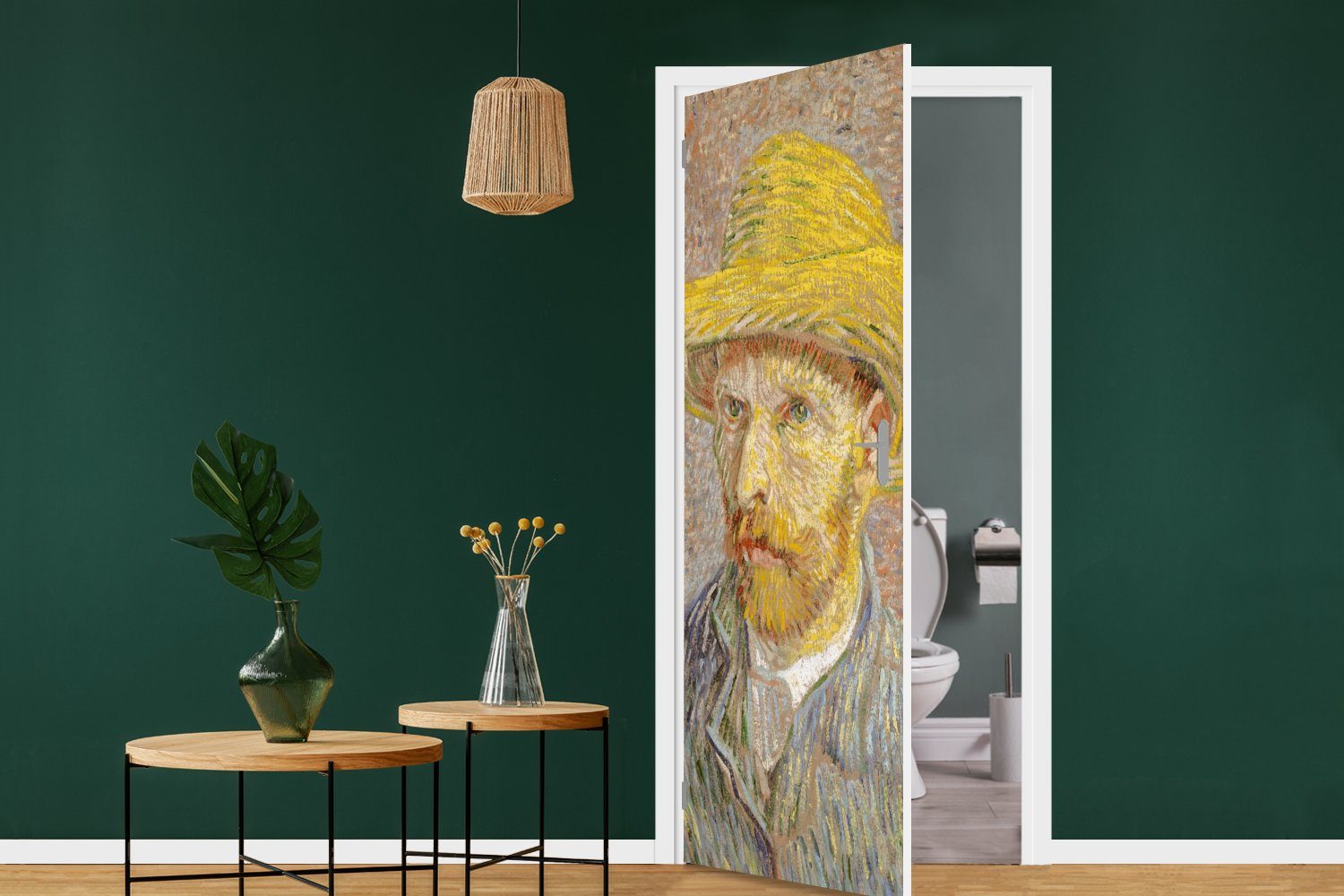 für Türaufkleber, cm Vincent St), - mit Strohhut MuchoWow Tür, Matt, 75x205 van (1 Selbstbildnis bedruckt, Fototapete Gogh, Türtapete