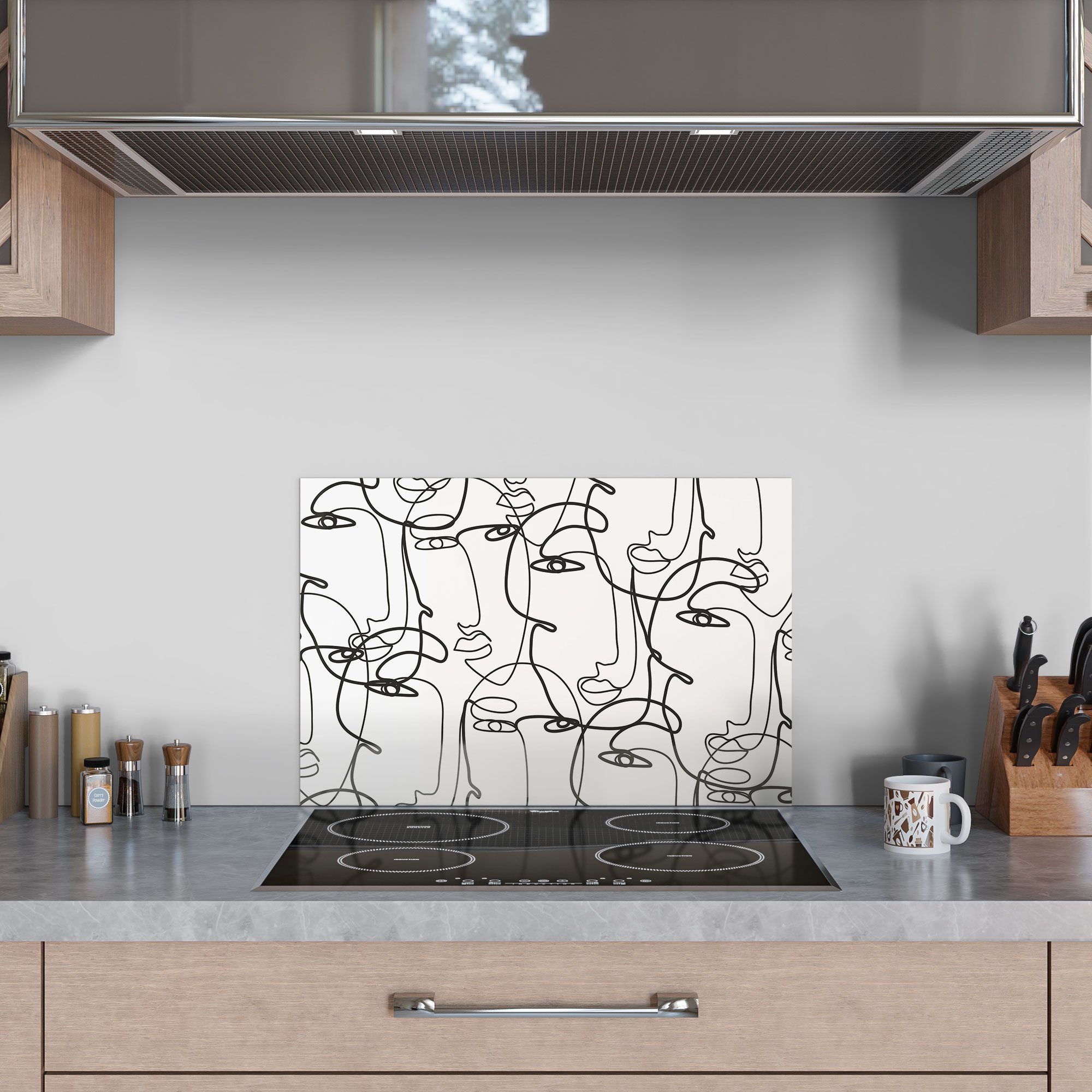 Küchenrückwand Herdblende 'Linien Glas formen Badrückwand Gesichter', Spritzschutz DEQORI