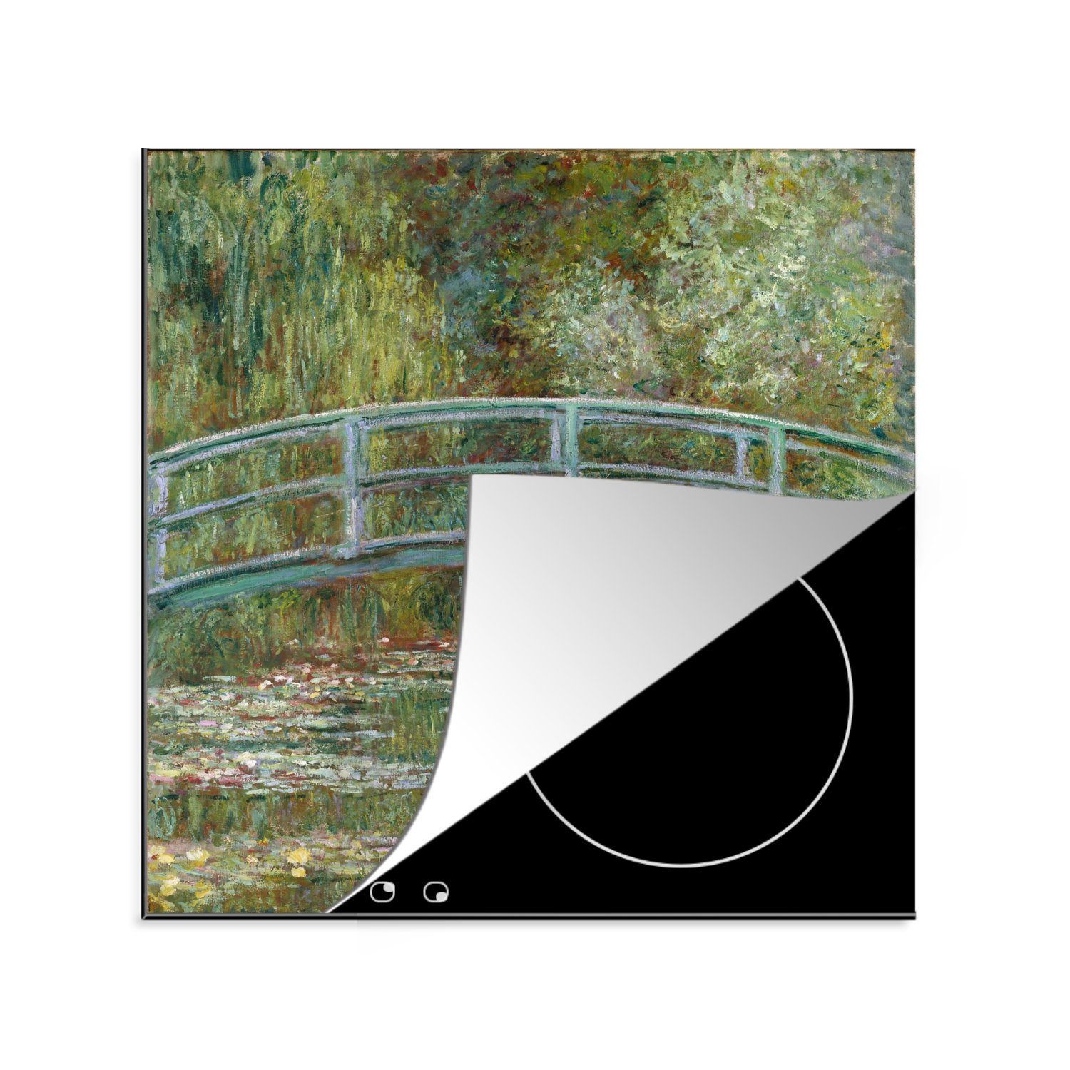 MuchoWow Herdblende-/Abdeckplatte Die japanische Brücke und die Seerosen - Claude Monet, Vinyl, (1 tlg), 78x78 cm, Ceranfeldabdeckung, Arbeitsplatte für küche