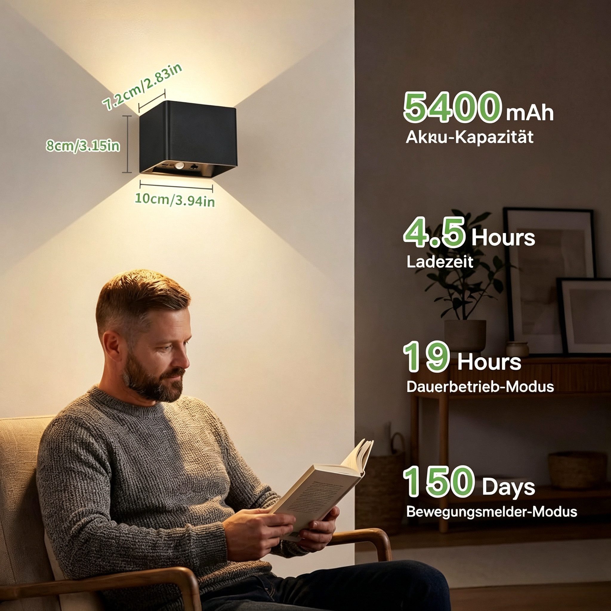 Kimjo Wandleuchte Akku-Wandleuchte mit 5400 mAh, Bewegungsmelder & Fernbedienung, LED fest integriert, Warmweiß, Neutralweiß, Kaltweiß, LED-Wandlampe mit Fernbedienung, Dimmung & Timer, kabellos