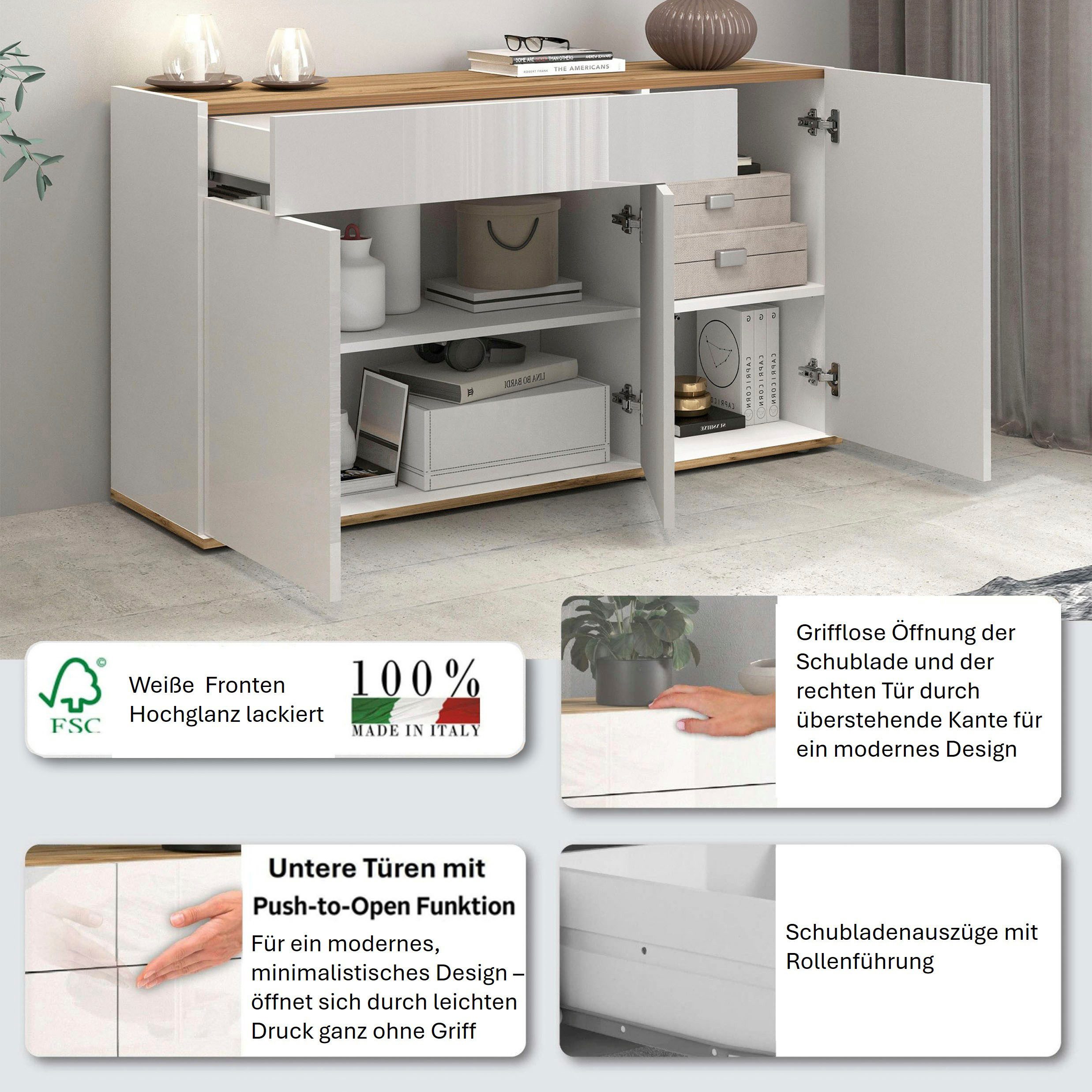 OTTO home Sideboard Garda, Kommode, Schrank, 3 Türen, 1 Schublade, Made in Italy, Hochglanzlackierte Fronten, Korpus matt, grifflos, Breite 120,1 cm