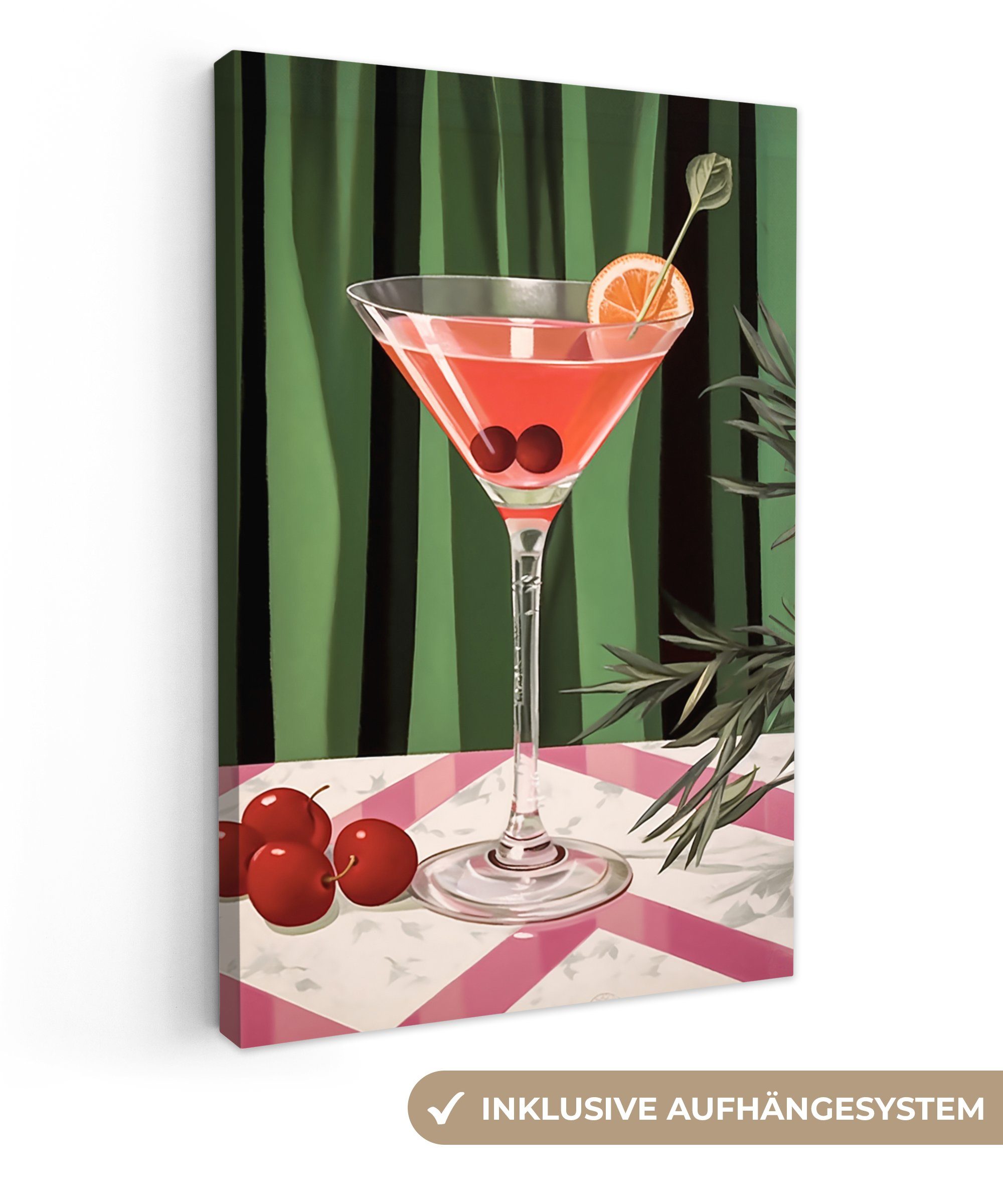 OneMillionCanvasses® Leinwandbild Weihnachten - Cocktail - Preiselbeere - Grün - Rot, (1 St), Leinwandbild fertig bespannt inkl. Zackenaufhänger, Gemälde, 20x30 cm