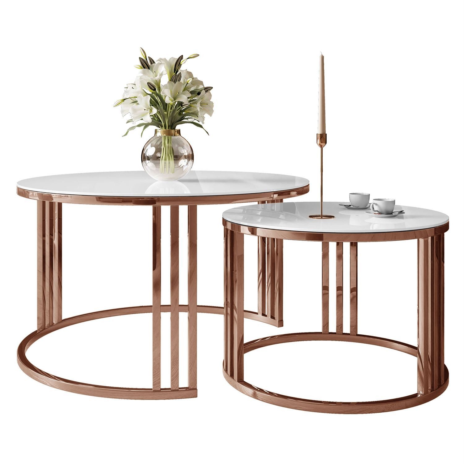 Lookway Couchtisch LORI 2in1 GLASS Couchtisch-Set mit Kupfergestell (2er Set), Durchmesser: ⌀70 cm und ⌀50 cm