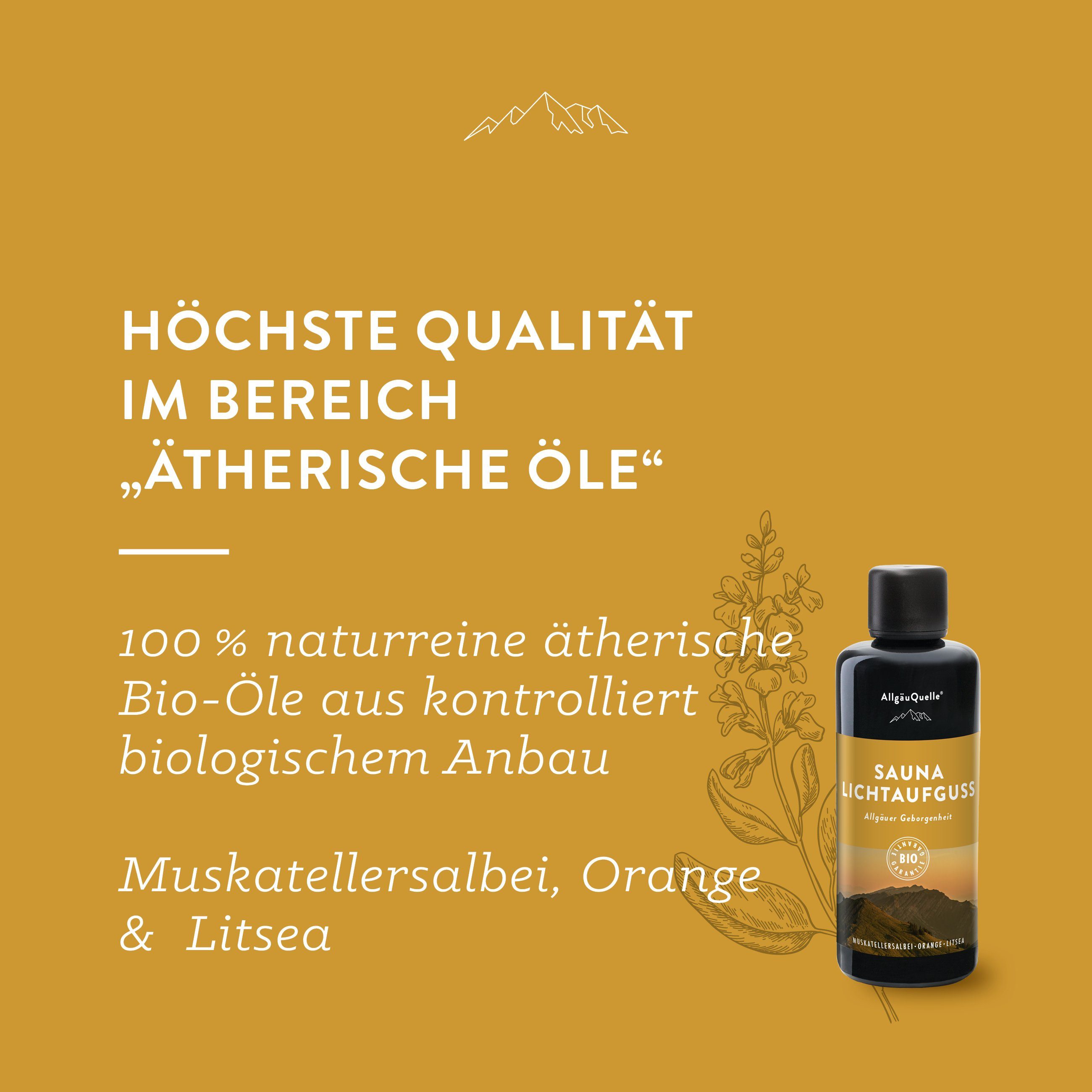Allgäuquelle Sauna-Aufgussset BIO Saunaaufguss Lichtaufguss Saunaduft (1 x 100ml) mit Muskatellersalbei, Orange und Litsea
