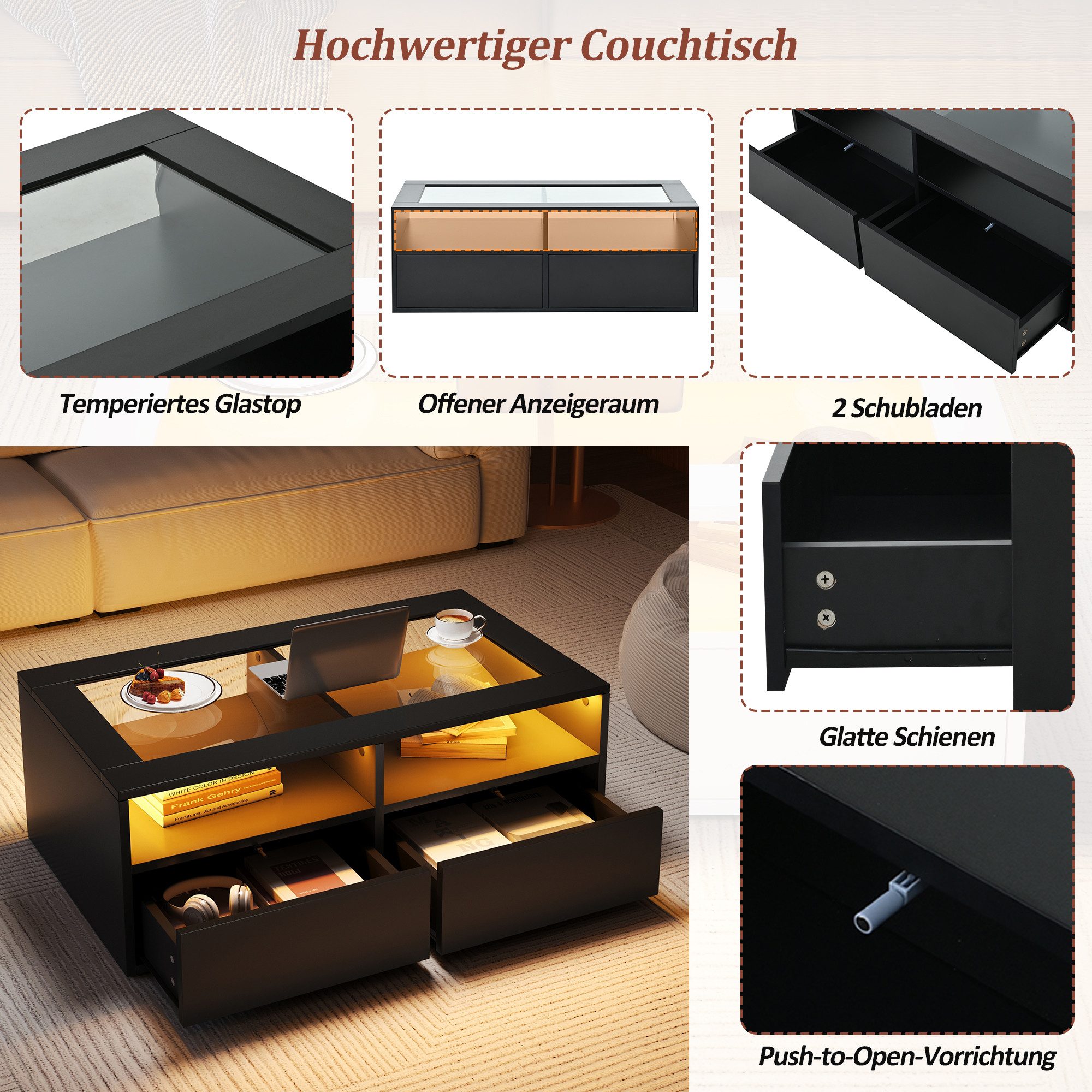 Merax Couchtisch Wohnzimmertisch Beistelltisch mit LED-Beleuchtung (100×50×35 cm, 1-St., zweistöckigem Design & modernem Look), Sofatisch mit gehärteter Glaspla – Bild 5 von 5
