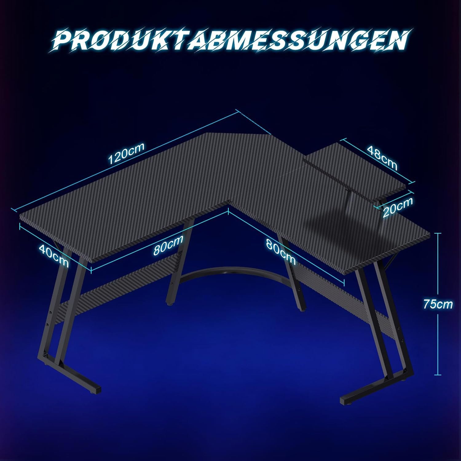 GUNJI Computertisch L-förmiger Gaming-Schreibtisch, Eckschreibtisch, 120cm (Tischplatte aus Kohlefaser mit Display-ausgestatteten Beinen und Z-förmigem Rahmen)
