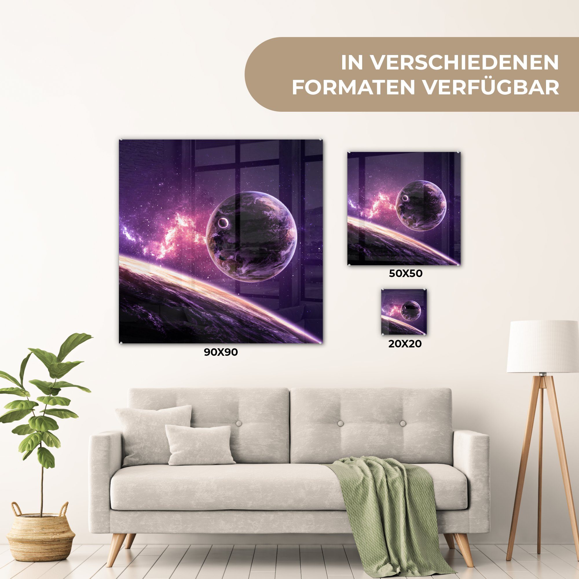 - Wanddekoration - Planeten Sterne auf auf Wandbild Lila, Glas Bilder (1 Glas - Foto - Acrylglasbild St), Glasbilder - MuchoWow